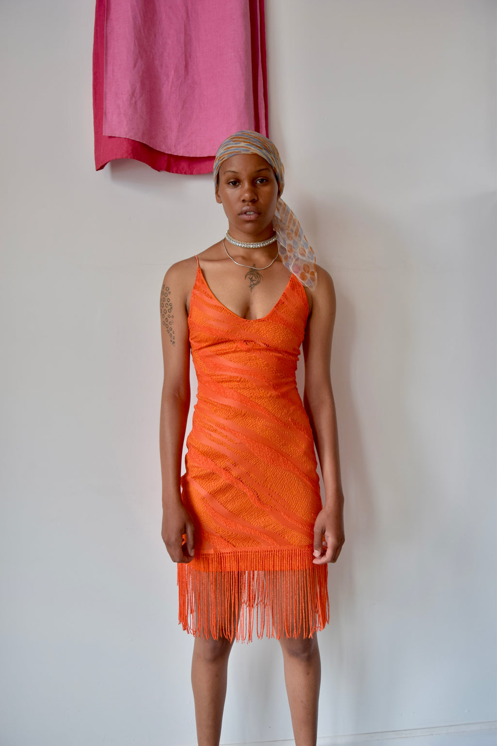 BEWARE VINTAGE ORANGE KNIT MINI DRESS WITH FRINGE TRIM