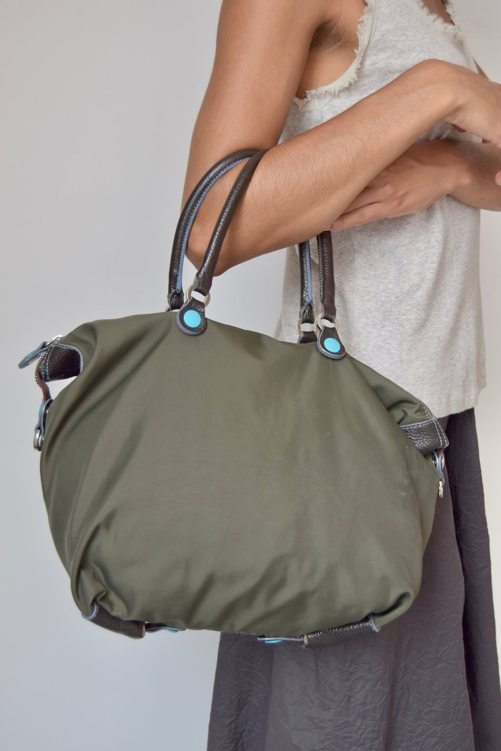 GABS OLIVE GREEN TOTE WITH TEAL BUTTON DETAILING