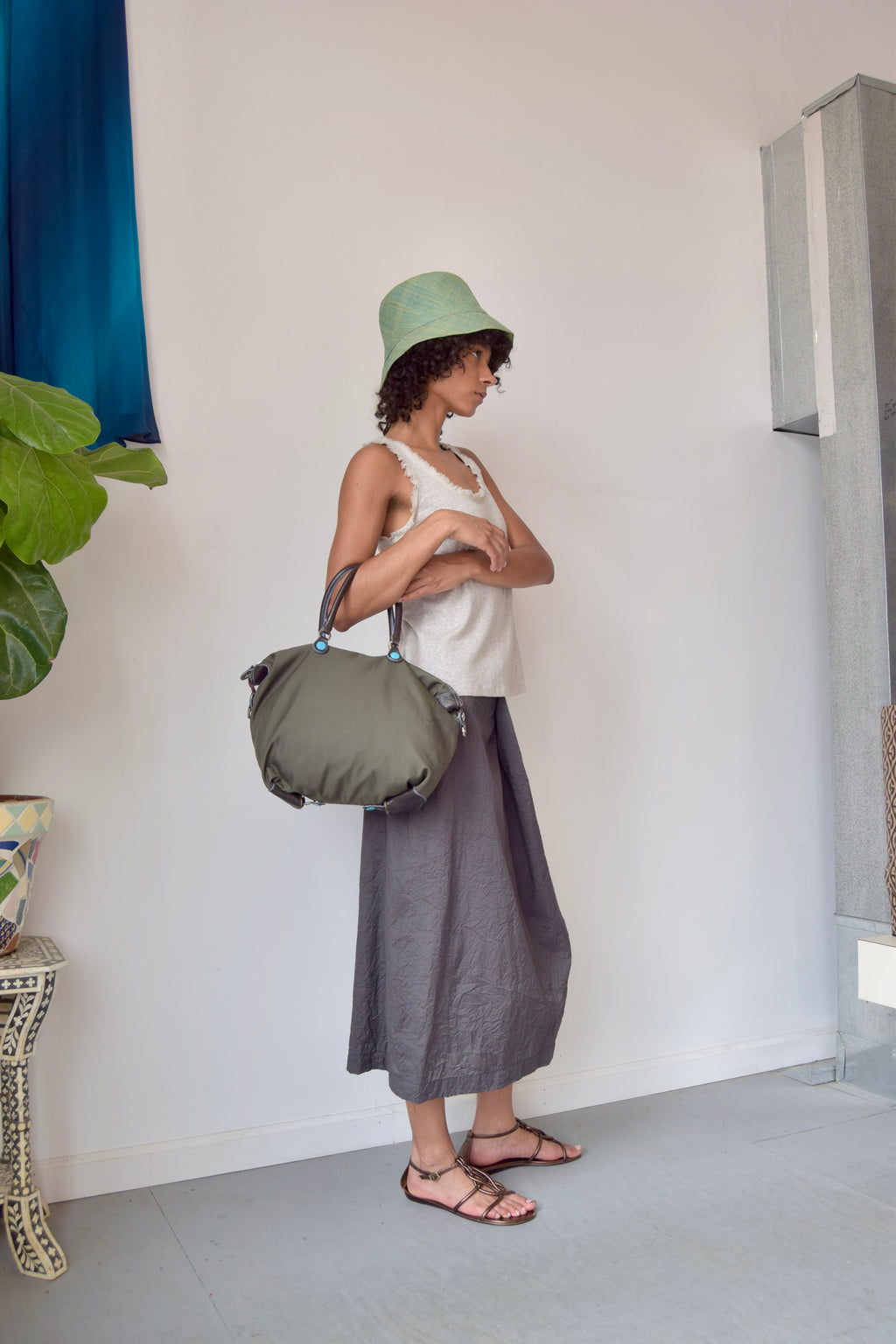 GABS OLIVE GREEN TOTE WITH TEAL BUTTON DETAILING