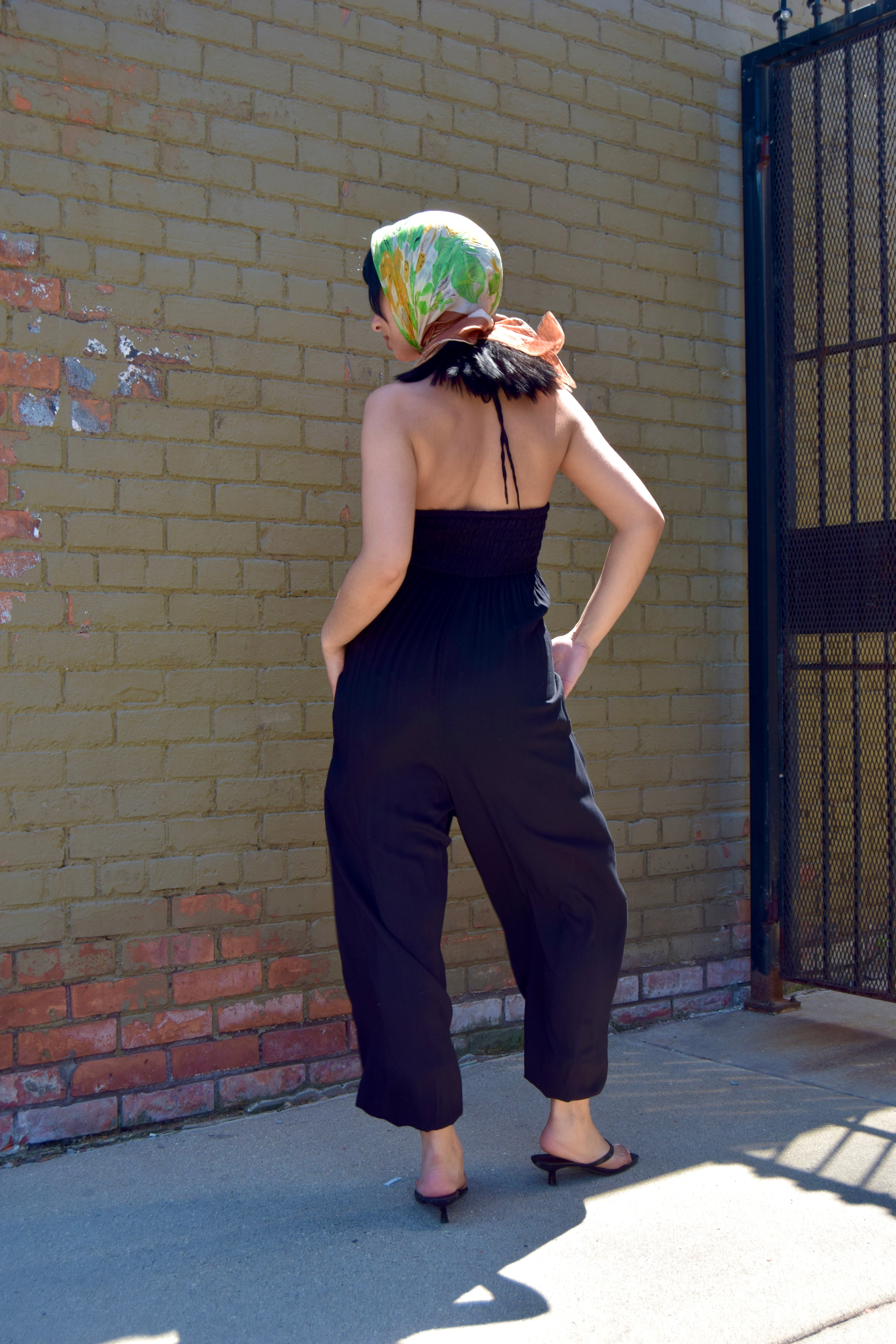 FRENCH CONNECTION BLACK COTTON HALTER NECK SLEEVLESS JUMPSUIT