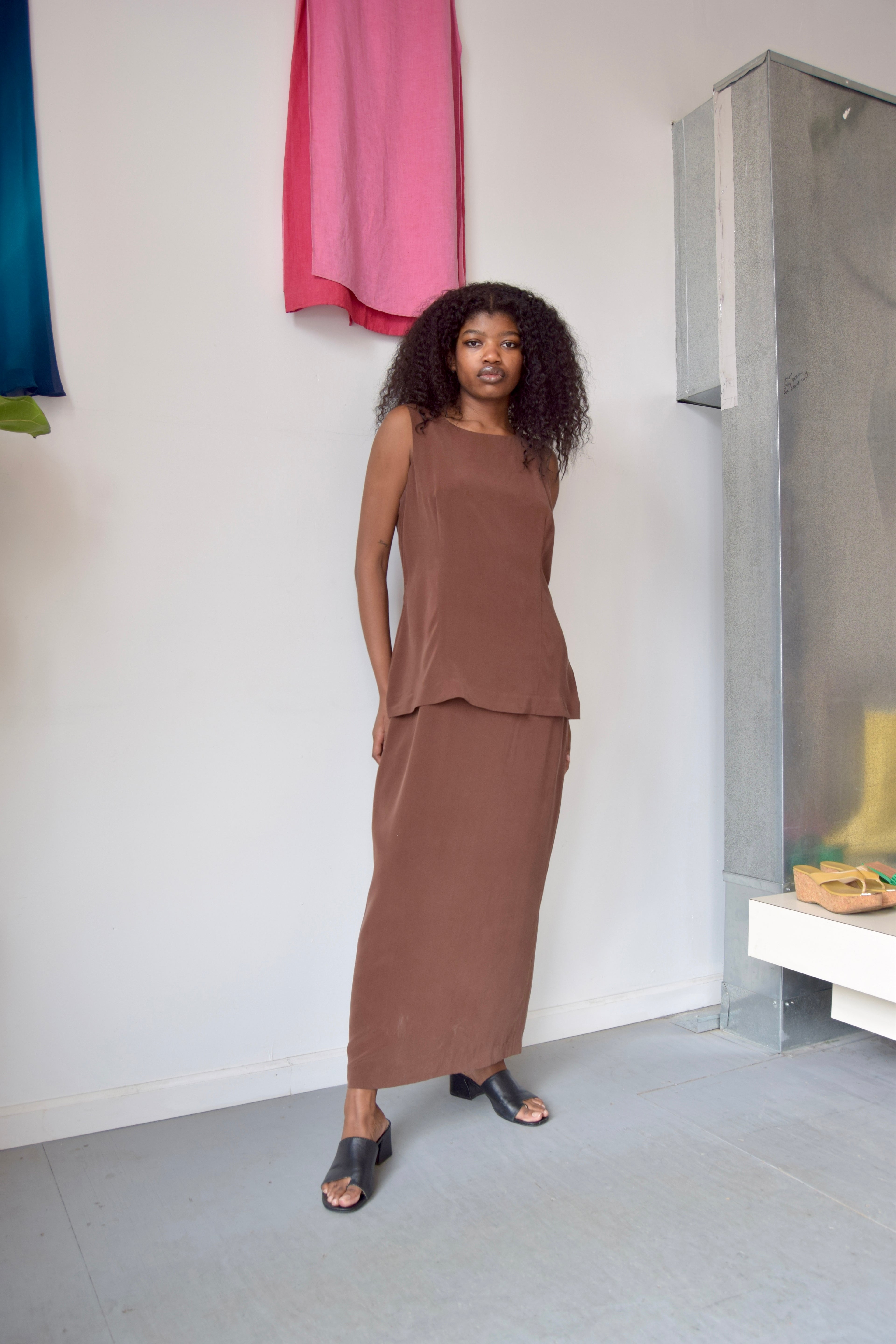 SPENSER JEREMY BROWN SILK DOUBLE LAYER MAXI DRESS