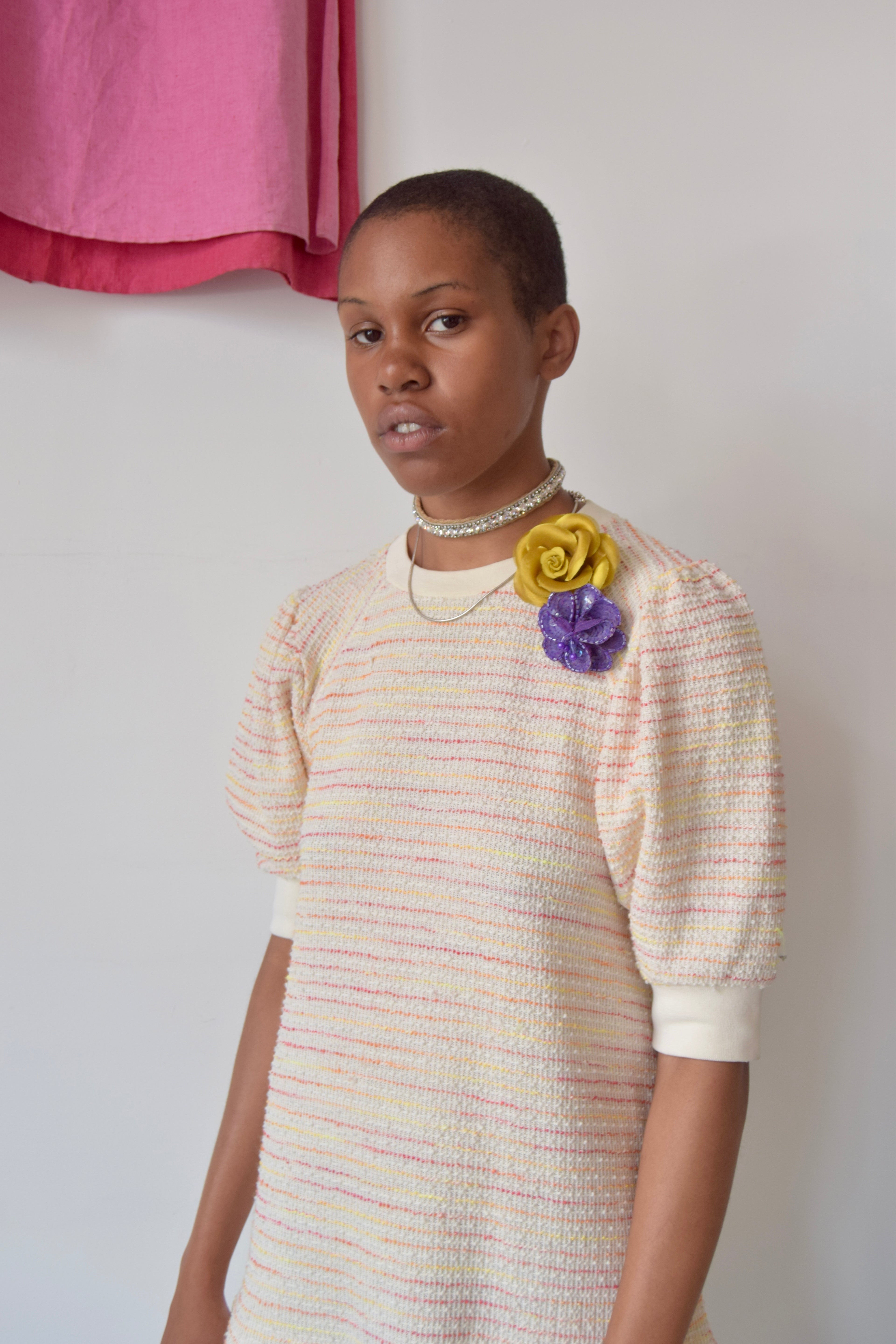 SOMETHING NAVY CREME KNIT DRESS WITH COLORFUL PINSTRIPE PATTERN
