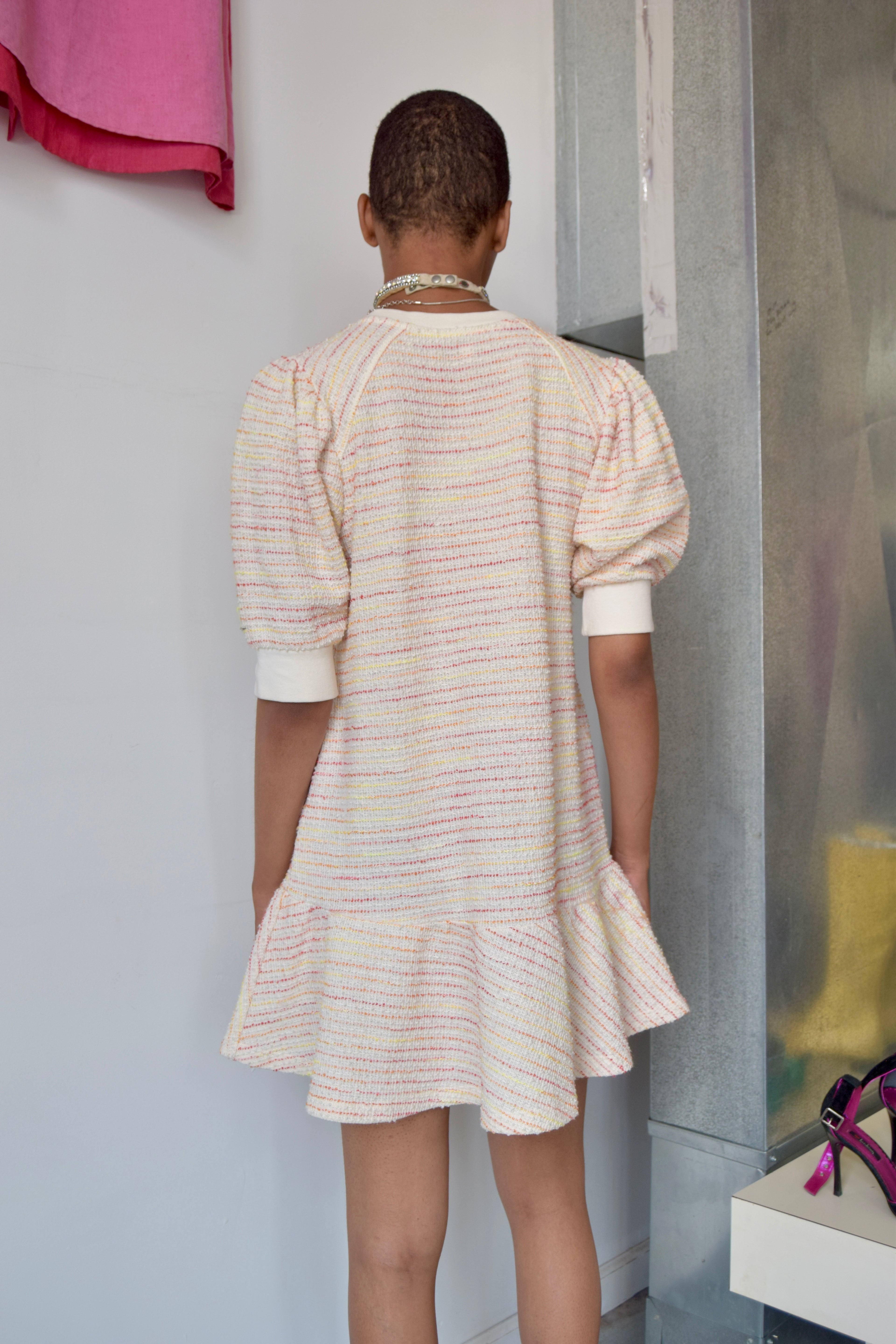 SOMETHING NAVY CREME KNIT DRESS WITH COLORFUL PINSTRIPE PATTERN