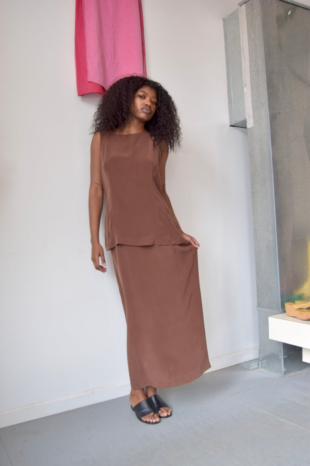 SPENSER JEREMY BROWN SILK DOUBLE LAYER MAXI DRESS