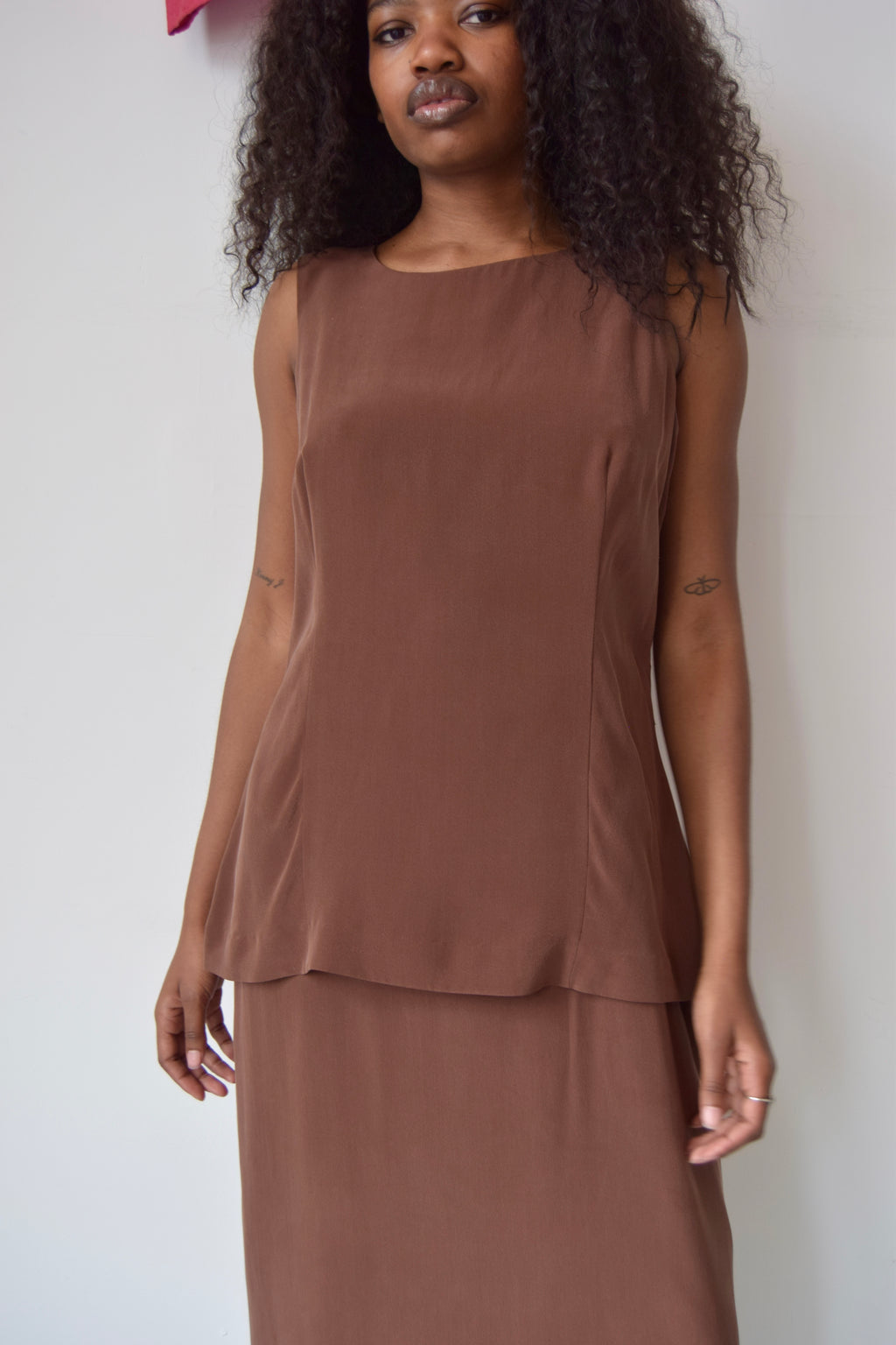 SPENSER JEREMY BROWN SILK DOUBLE LAYER MAXI DRESS
