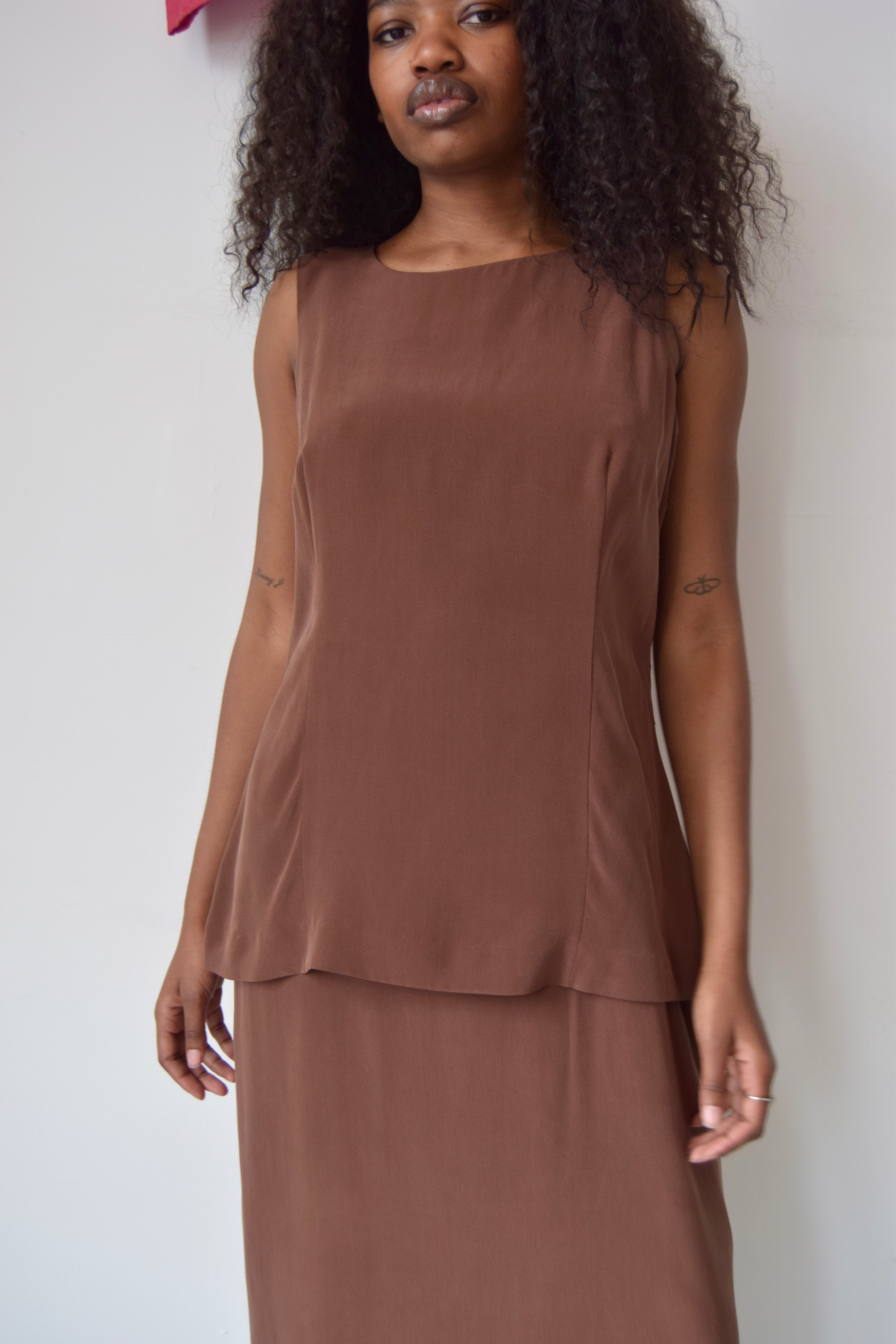 SPENSER JEREMY BROWN SILK DOUBLE LAYER MAXI DRESS