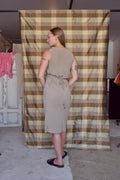 TIME SHEER TAN & WHITE PINSTRIPE TIE WAIST MAXI DRESS