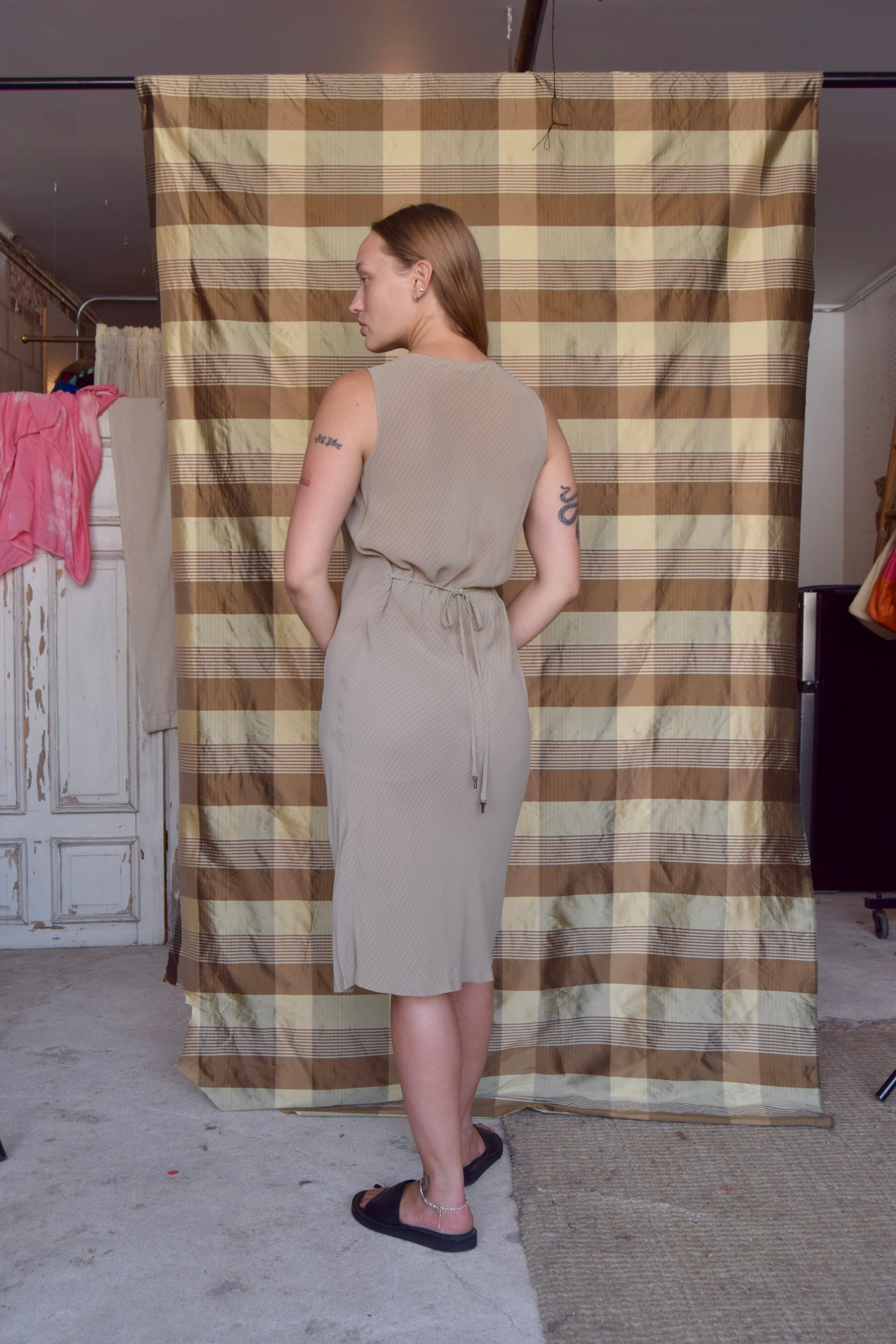 TIME SHEER TAN & WHITE PINSTRIPE TIE WAIST MAXI DRESS
