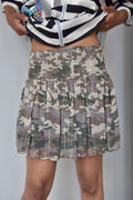 MUCHE MUCHETTE CAMO & GOLD PINSTRIPE SINCHED WAIST MINI SKIRT