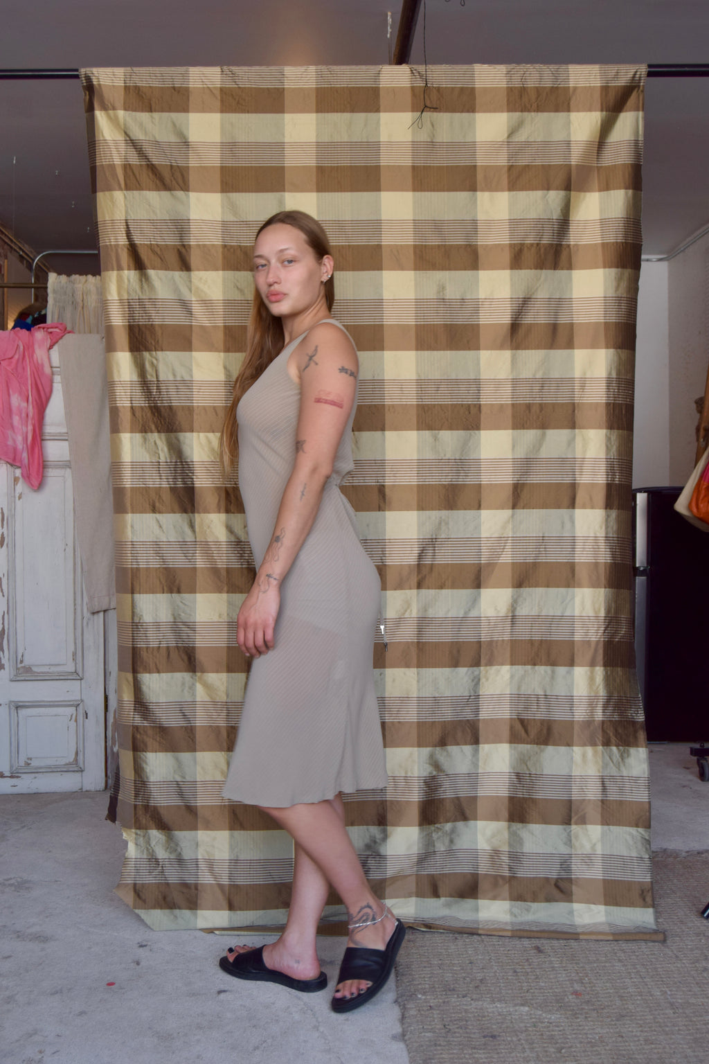 TIME SHEER TAN & WHITE PINSTRIPE TIE WAIST MAXI DRESS
