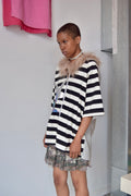 BLACK AND WHITE STRIPED DOUBLE ZIP QUARTER SLEEVE JACKET WITH FUR TRIM
