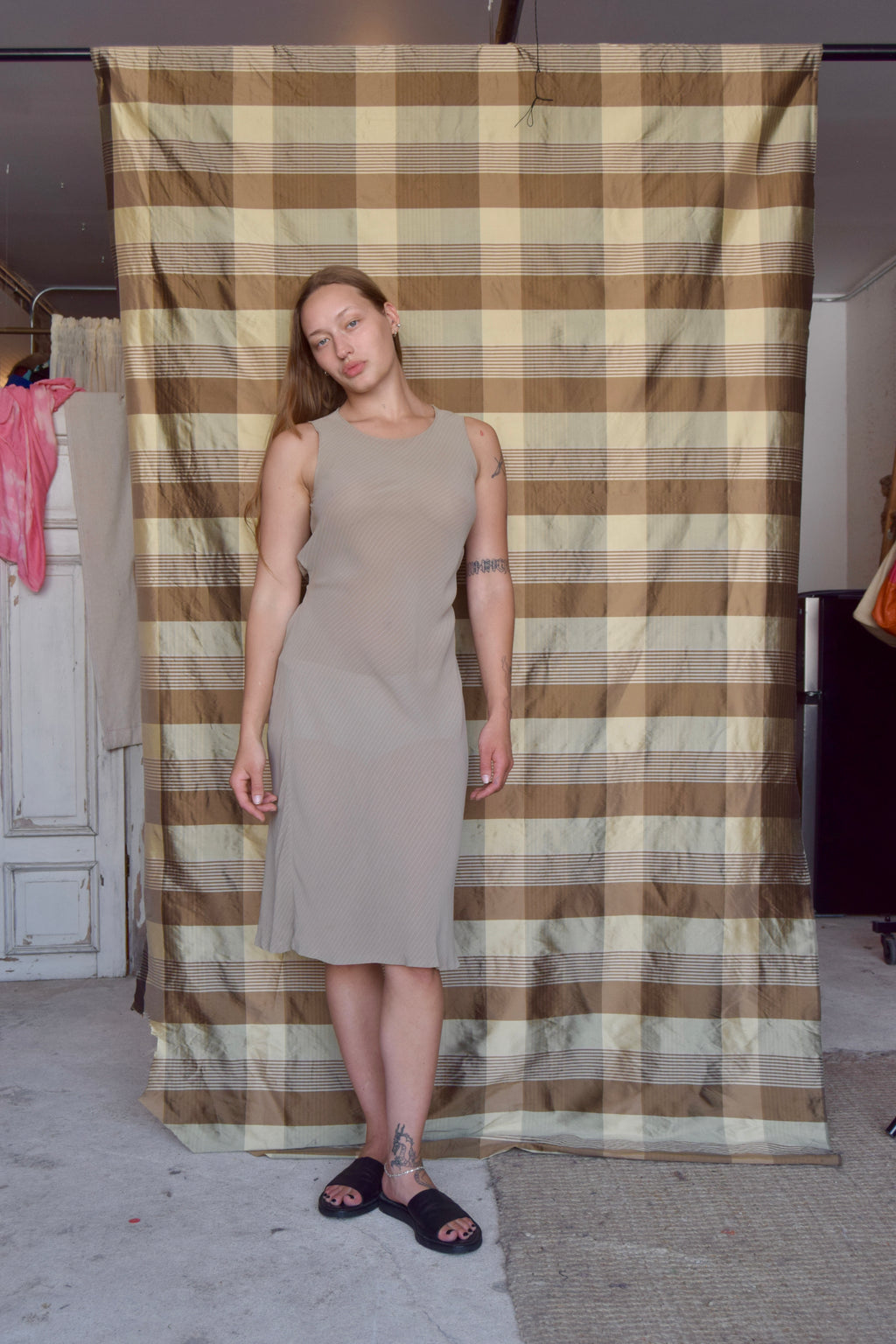TIME SHEER TAN & WHITE PINSTRIPE TIE WAIST MAXI DRESS