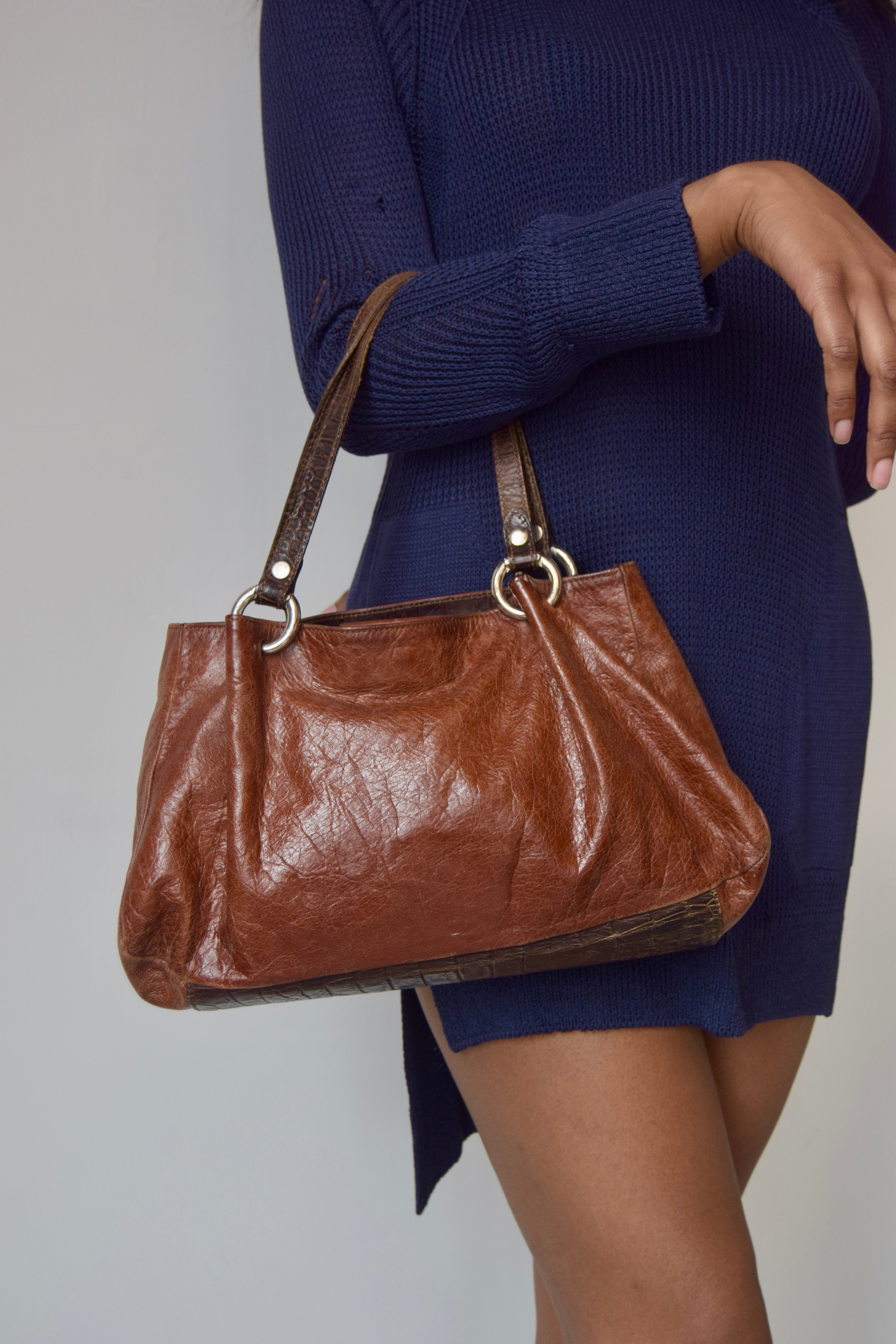 MAURIZIO TATUTI GENUINE LEATHER BROWN BAGUETTE WITH SILVER HARDWARE AND CROCODILE LEATHER DETAILING