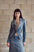 FORNARINA LIGHT WASH COLLARED DENIM JACKET WITH FRONT POCKETS AND RHINESTONE DETAILING