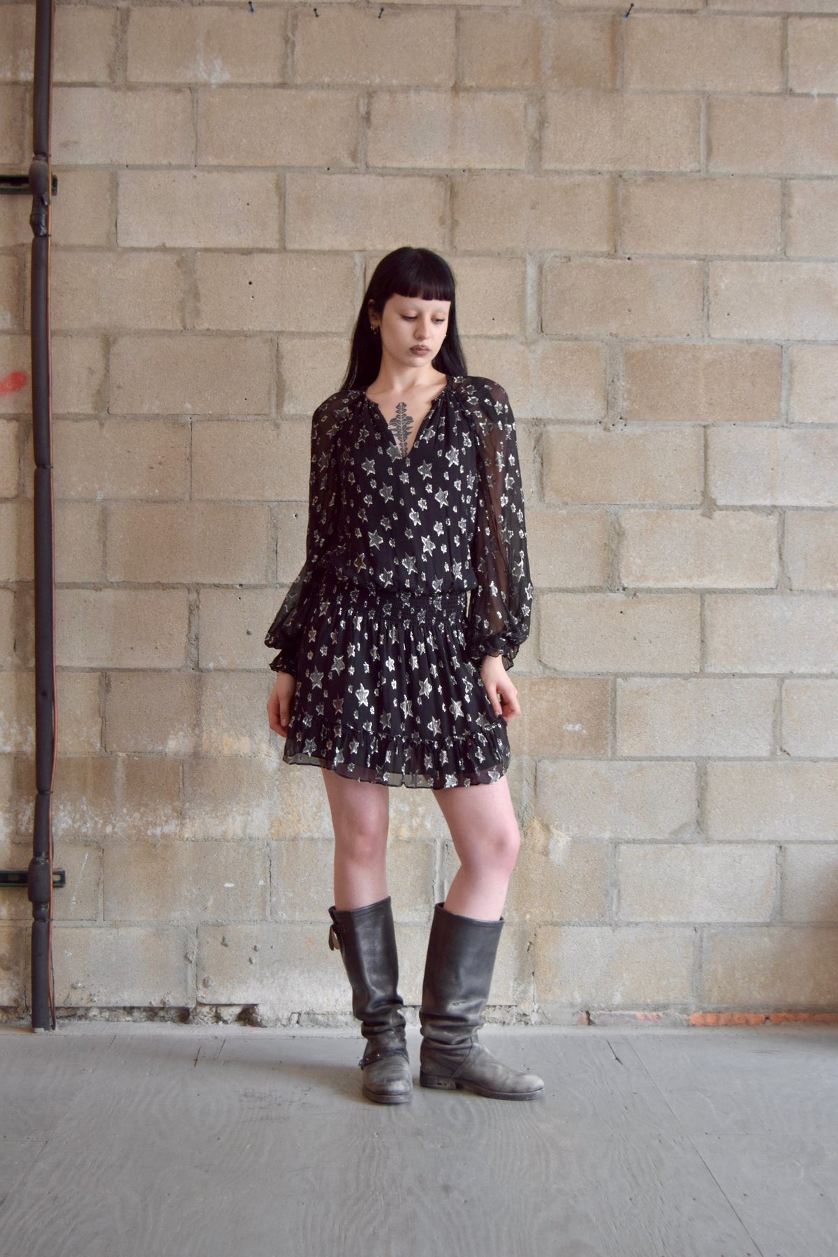 RAMY BROOK BLACK DROP WAIST DRESS WITH SILVER STAR PATTERN