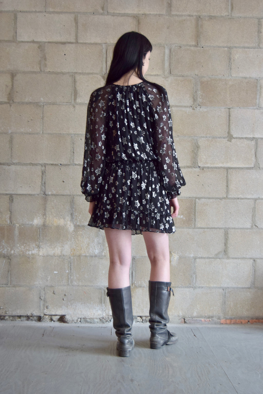 RAMY BROOK BLACK DROP WAIST DRESS WITH SILVER STAR PATTERN