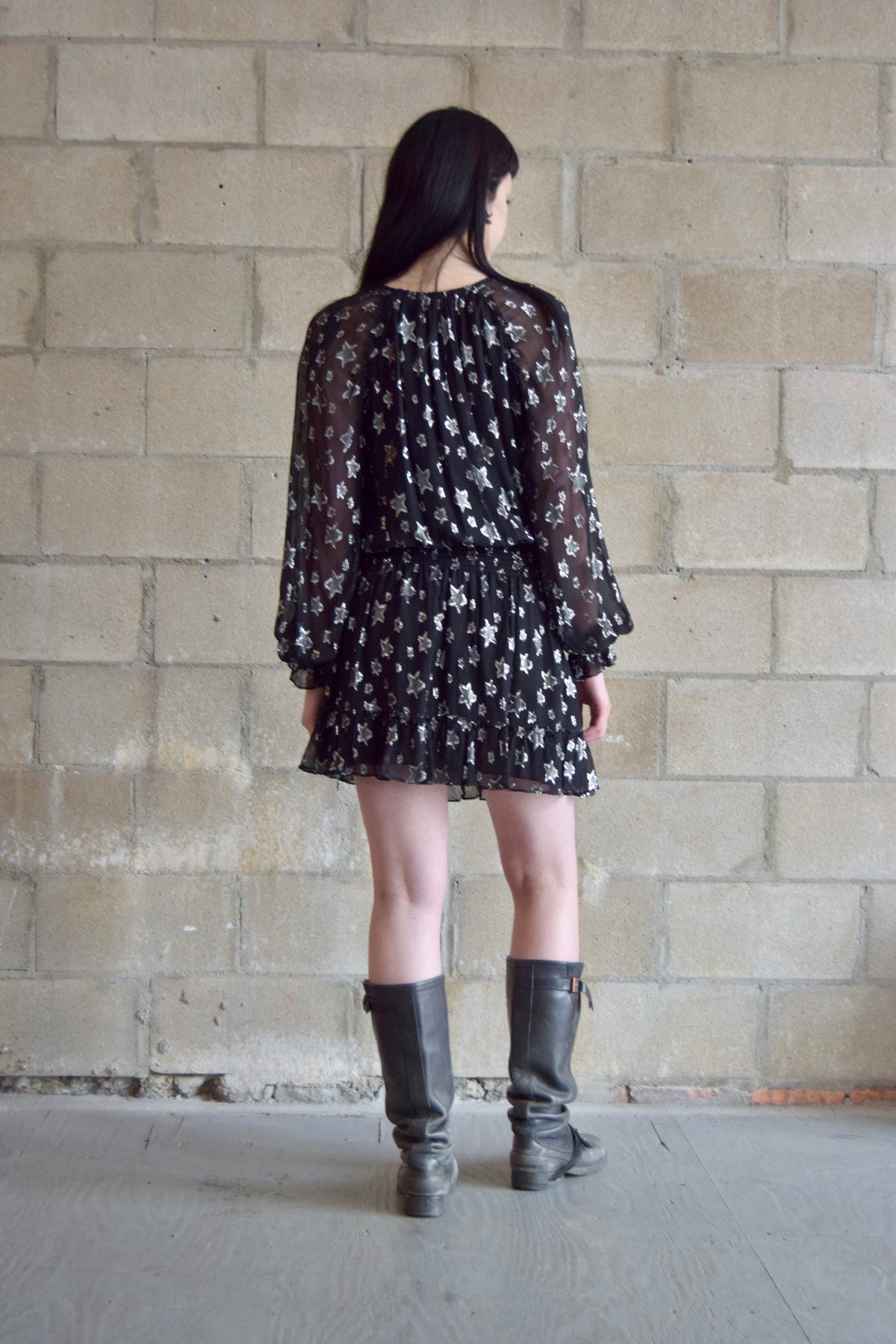 RAMY BROOK BLACK DROP WAIST DRESS WITH SILVER STAR PATTERN