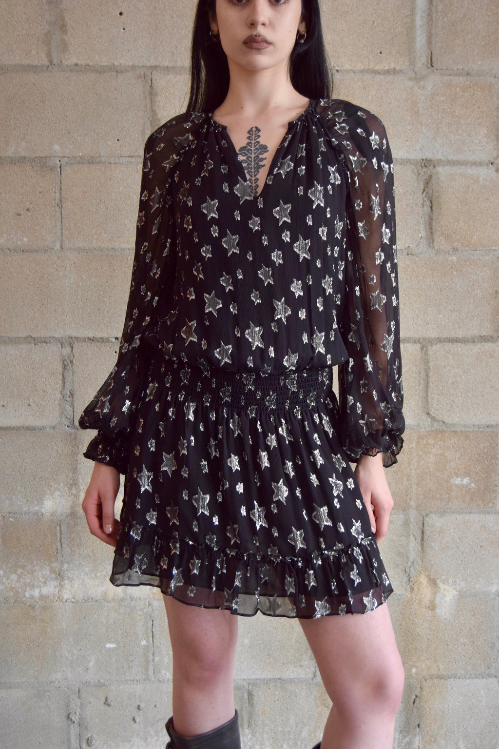 RAMY BROOK BLACK DROP WAIST DRESS WITH SILVER STAR PATTERN