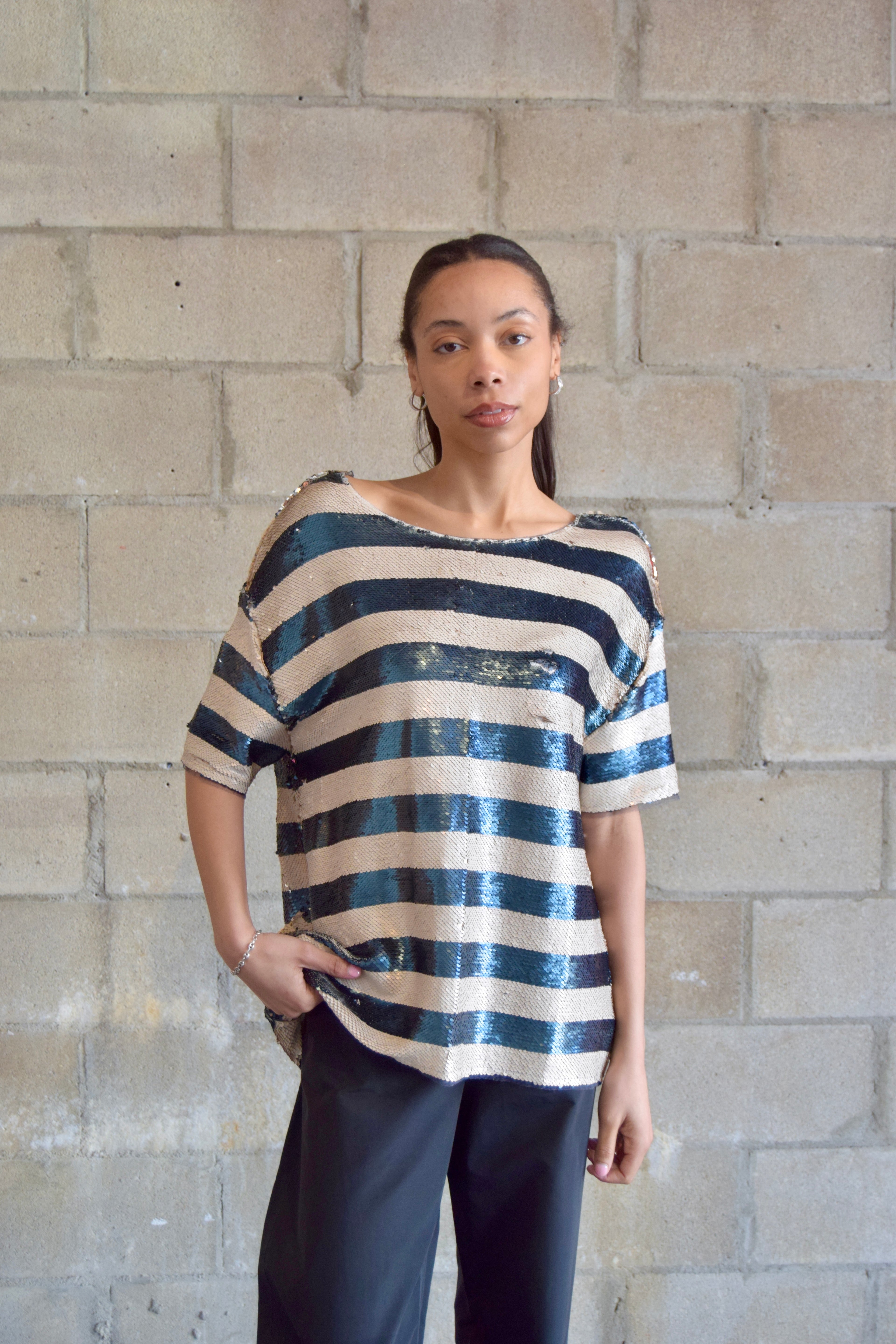 SILENCE + NOISE IVORY + BLUE  STRIPED COMPLETELY SEQUINED TEE