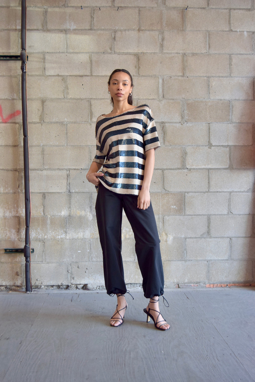 SILENCE + NOISE IVORY + BLUE  STRIPED COMPLETELY SEQUINED TEE