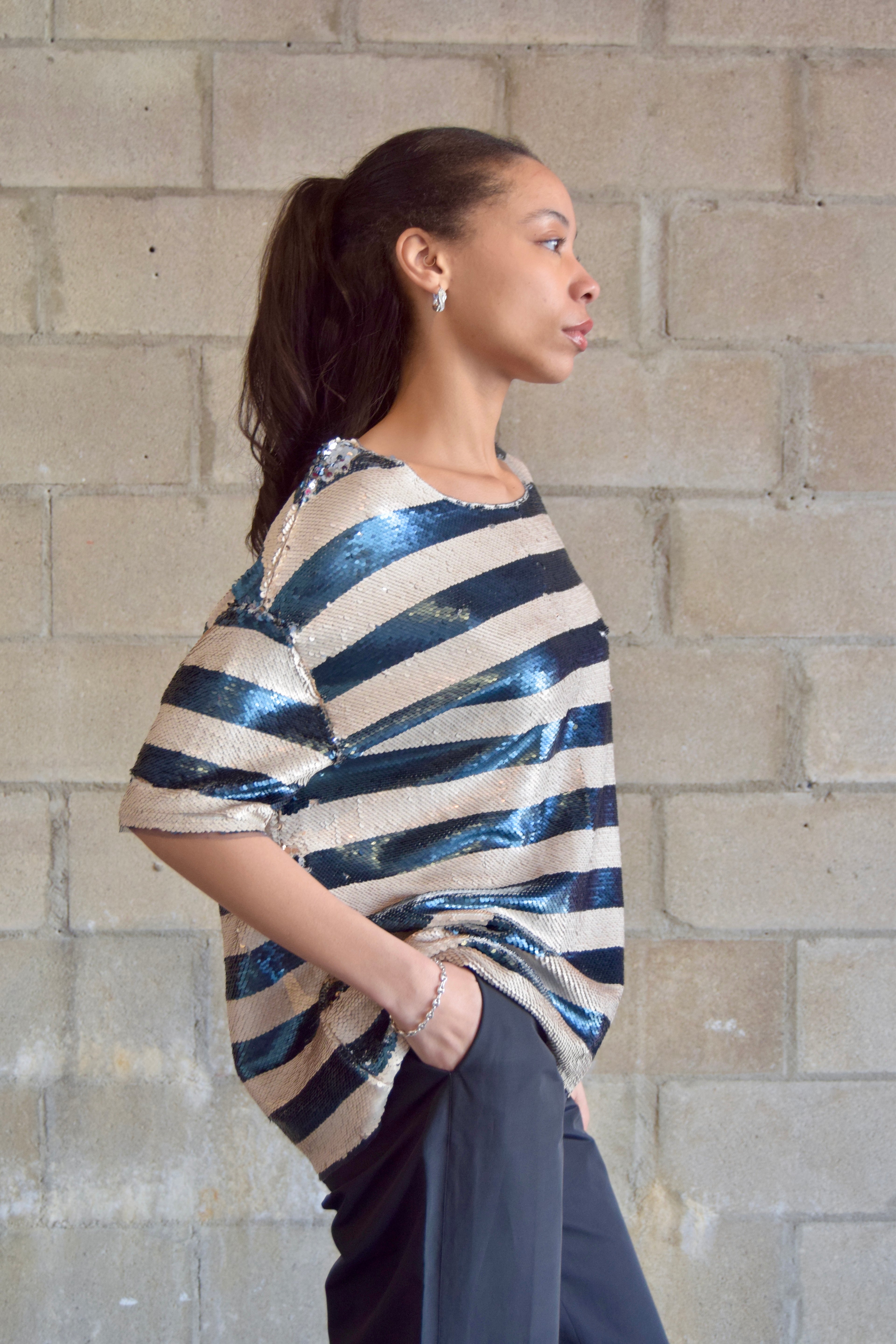 SILENCE + NOISE IVORY + BLUE  STRIPED COMPLETELY SEQUINED TEE