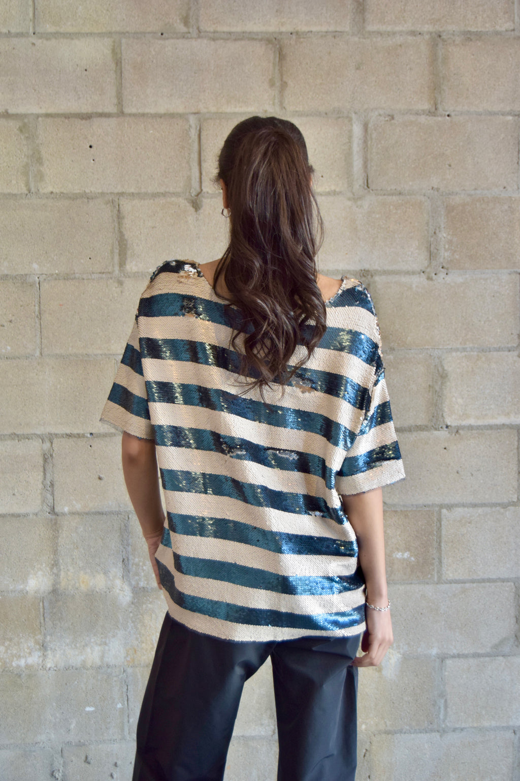 SILENCE + NOISE IVORY + BLUE  STRIPED COMPLETELY SEQUINED TEE