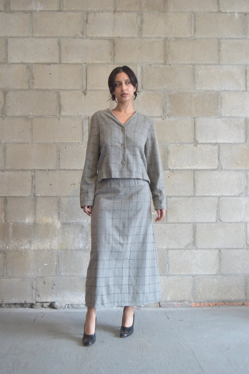 1980s GREY CHECKER WOOL CROPPED BLAZER