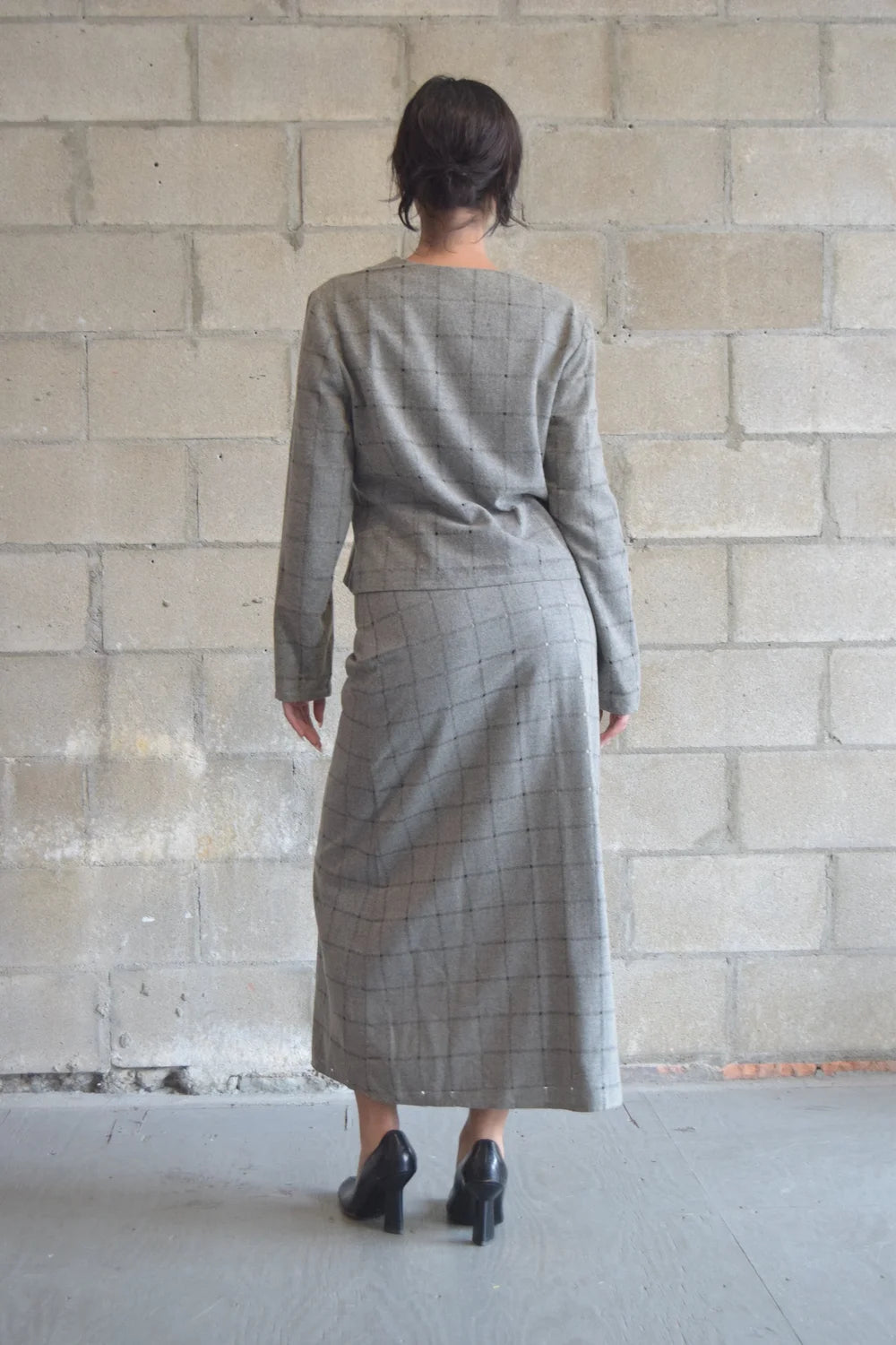 1980s GREY GRID WOOL PENCIL SKIRT