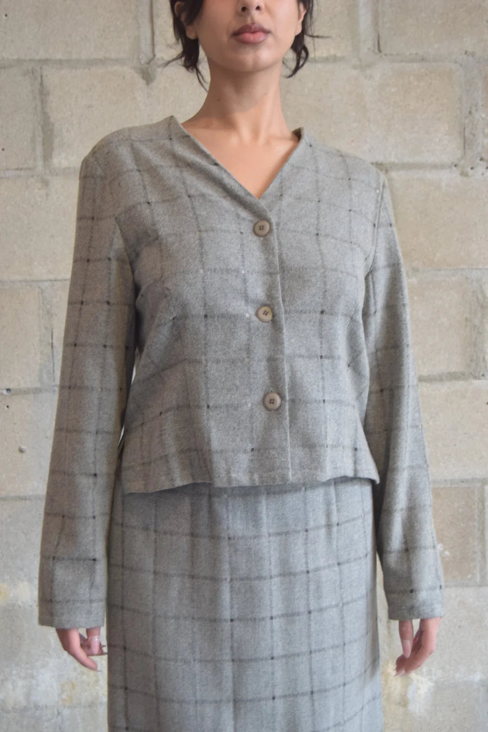 1980s GREY CHECKER WOOL CROPPED BLAZER