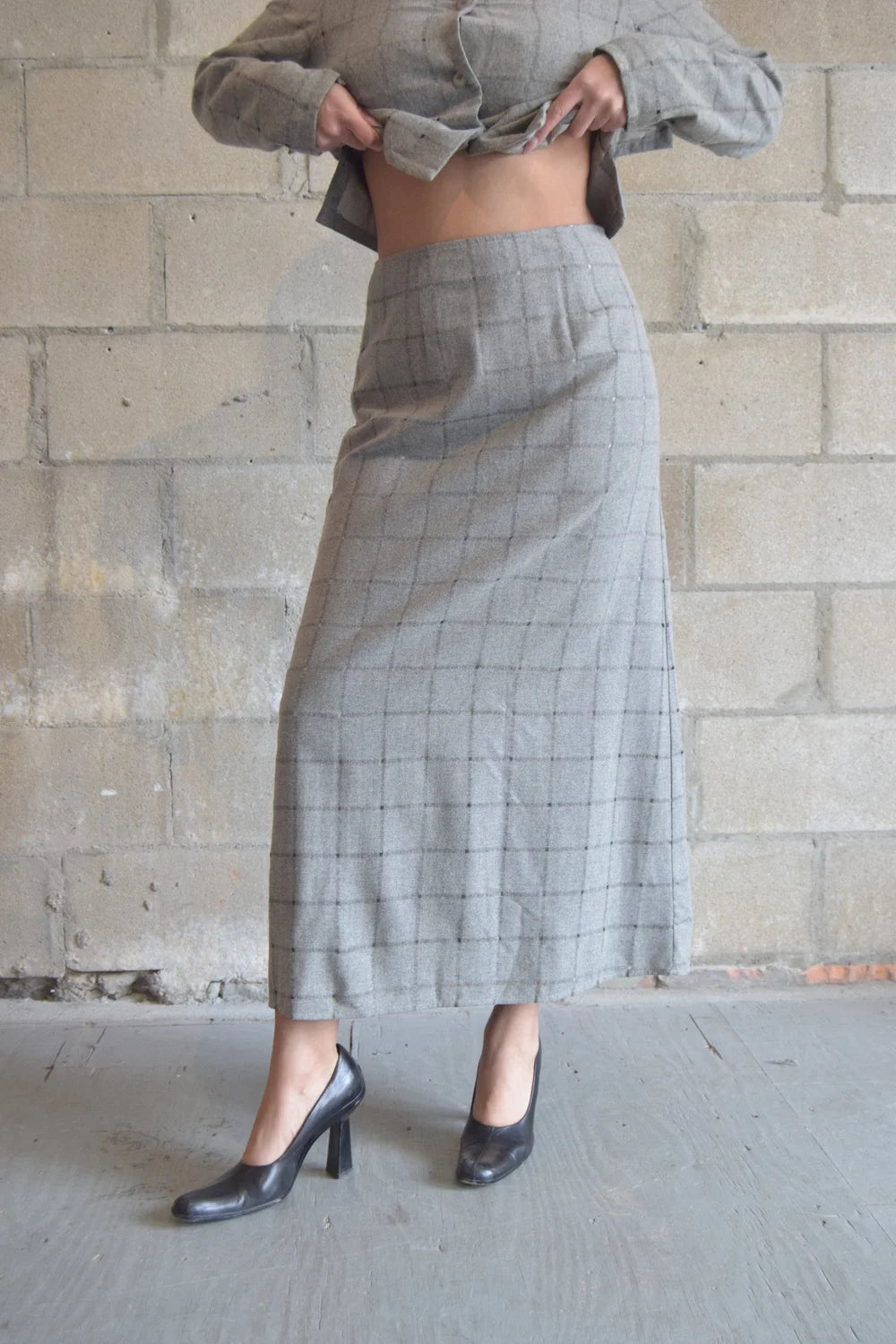 1980s GREY GRID WOOL PENCIL SKIRT