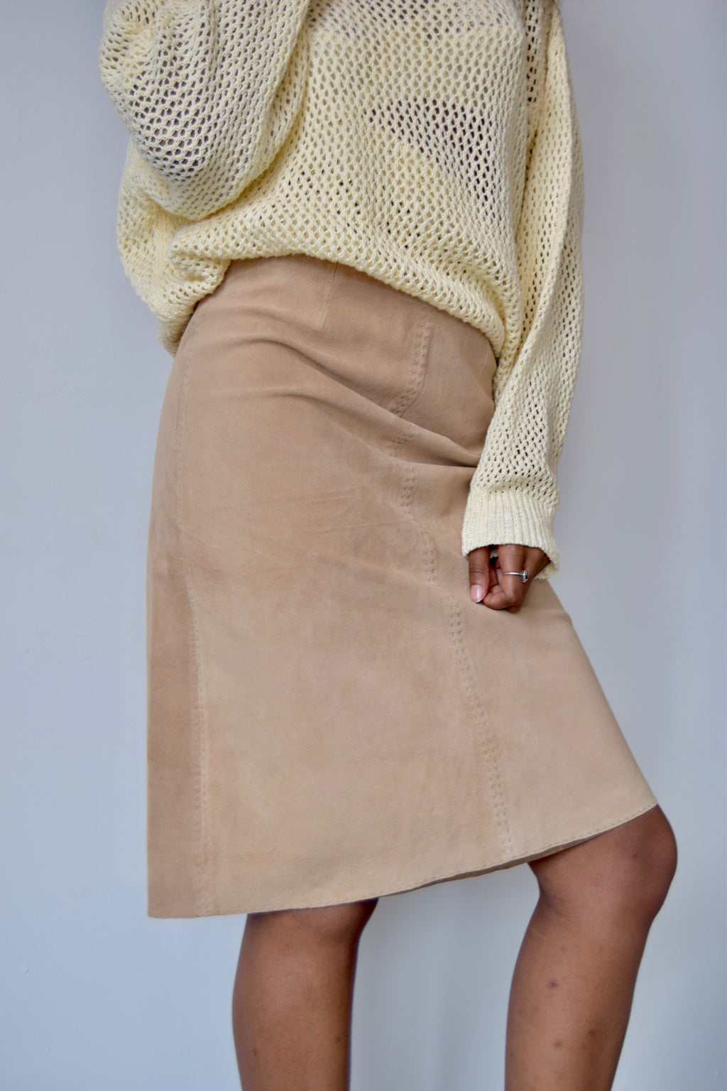 ISDA & CO TAN SUEDE SADDLE STITCHED MIDI SKIRT