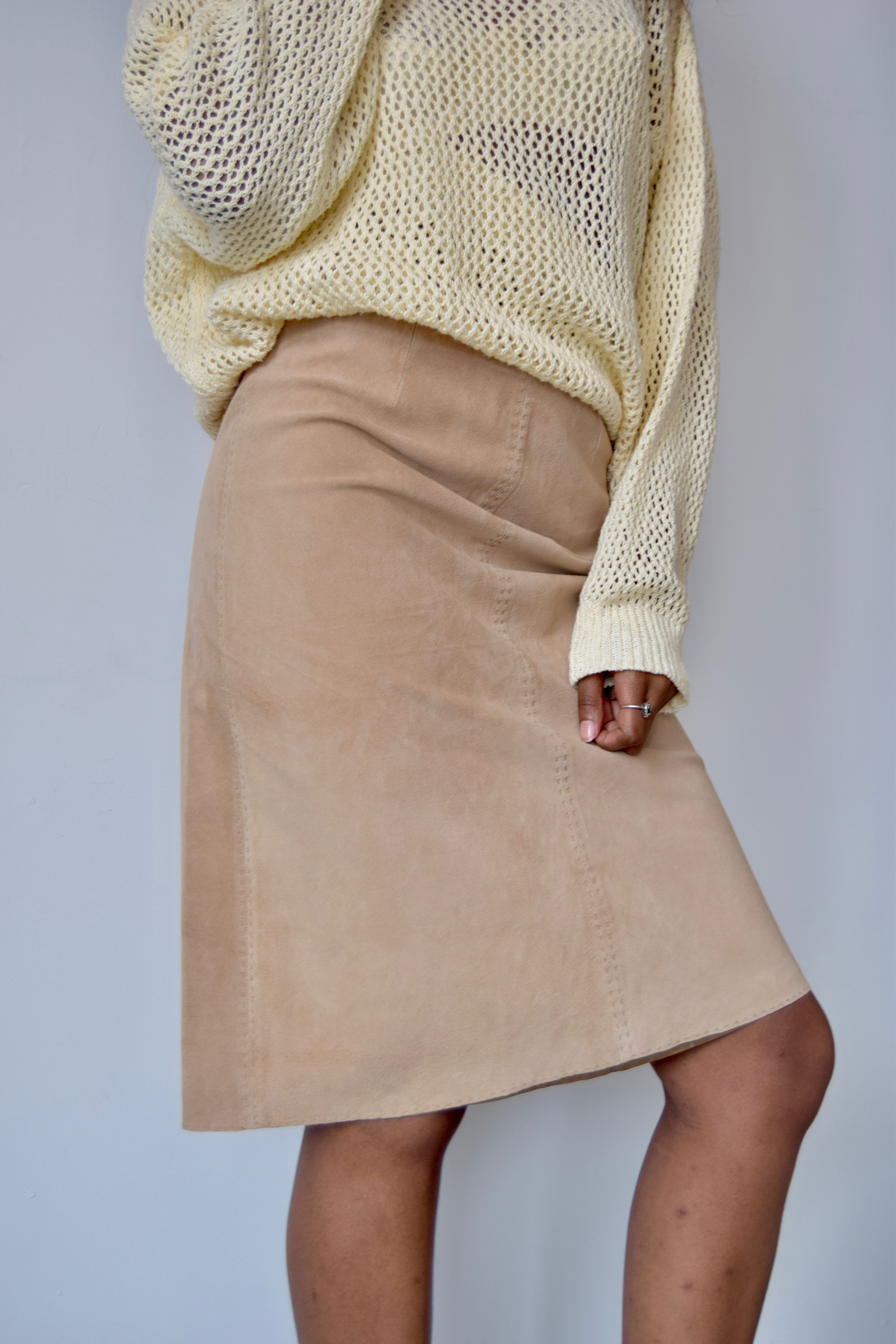 ISDA & CO TAN SUEDE SADDLE STITCHED MIDI SKIRT