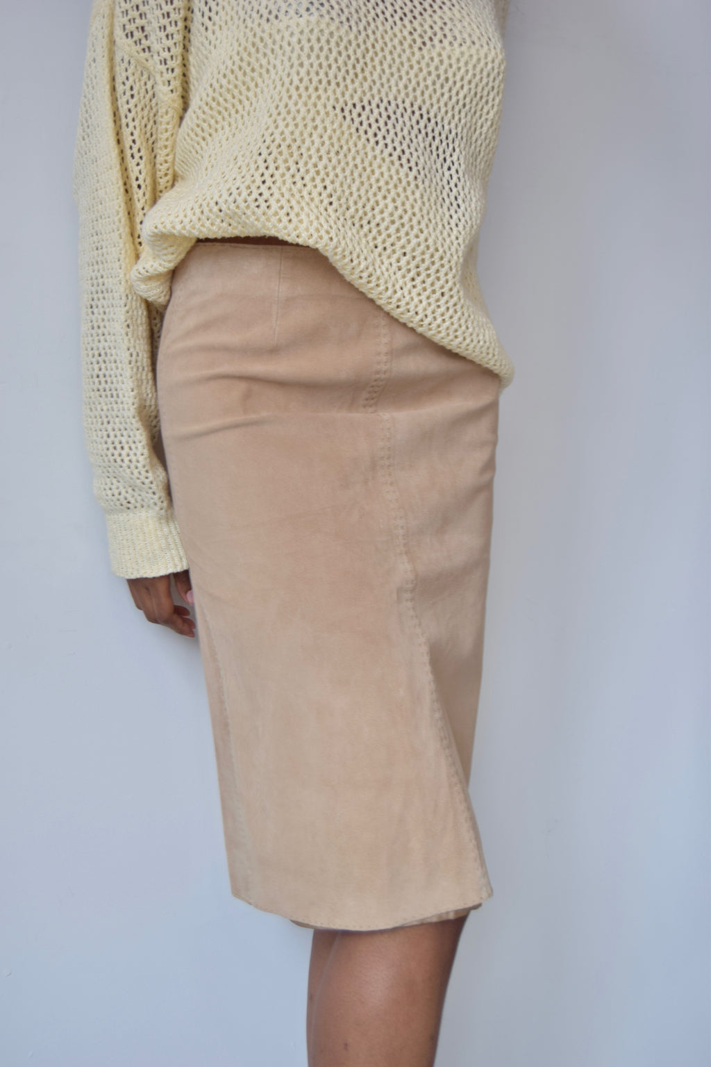ISDA & CO TAN SUEDE SADDLE STITCHED MIDI SKIRT