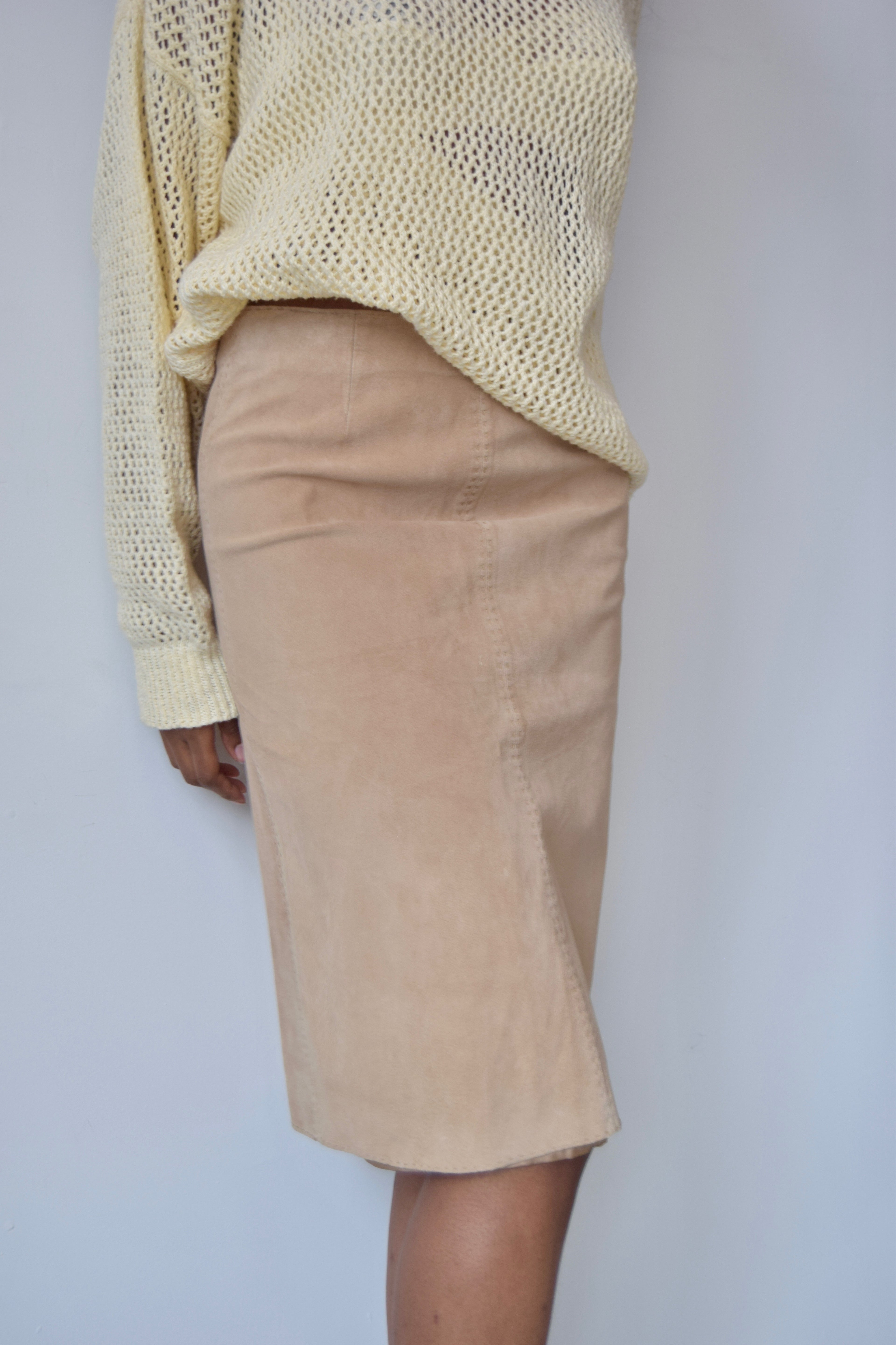 ISDA & CO TAN SUEDE SADDLE STITCHED MIDI SKIRT