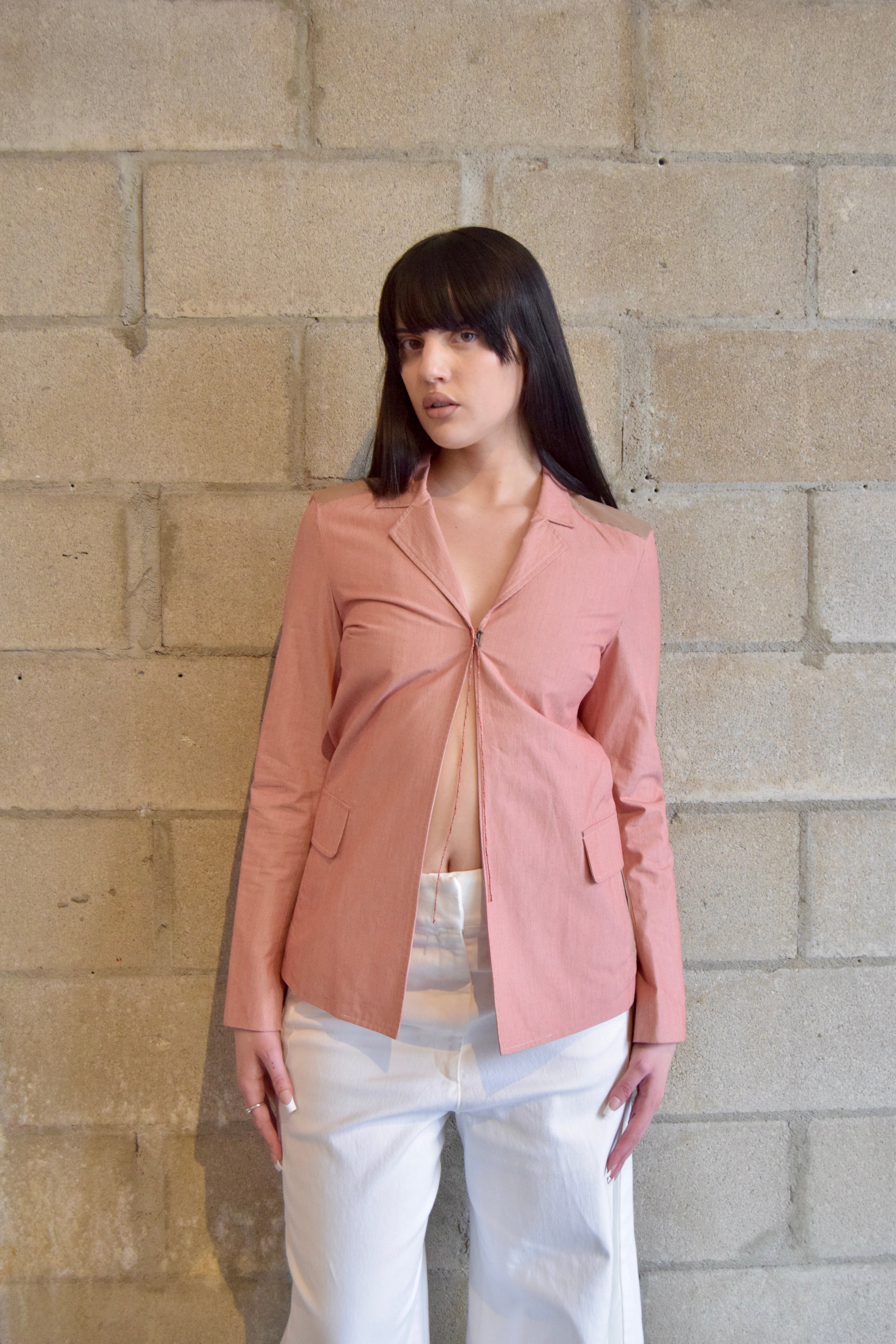RED AND WHITE PINSTRIPE BUTTONLESS BLAZER WITH PAINTED SHOULDER PADS