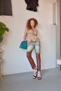CHEE CHEE USA BROWN LEATHER + DENIM WESTERN JEANS