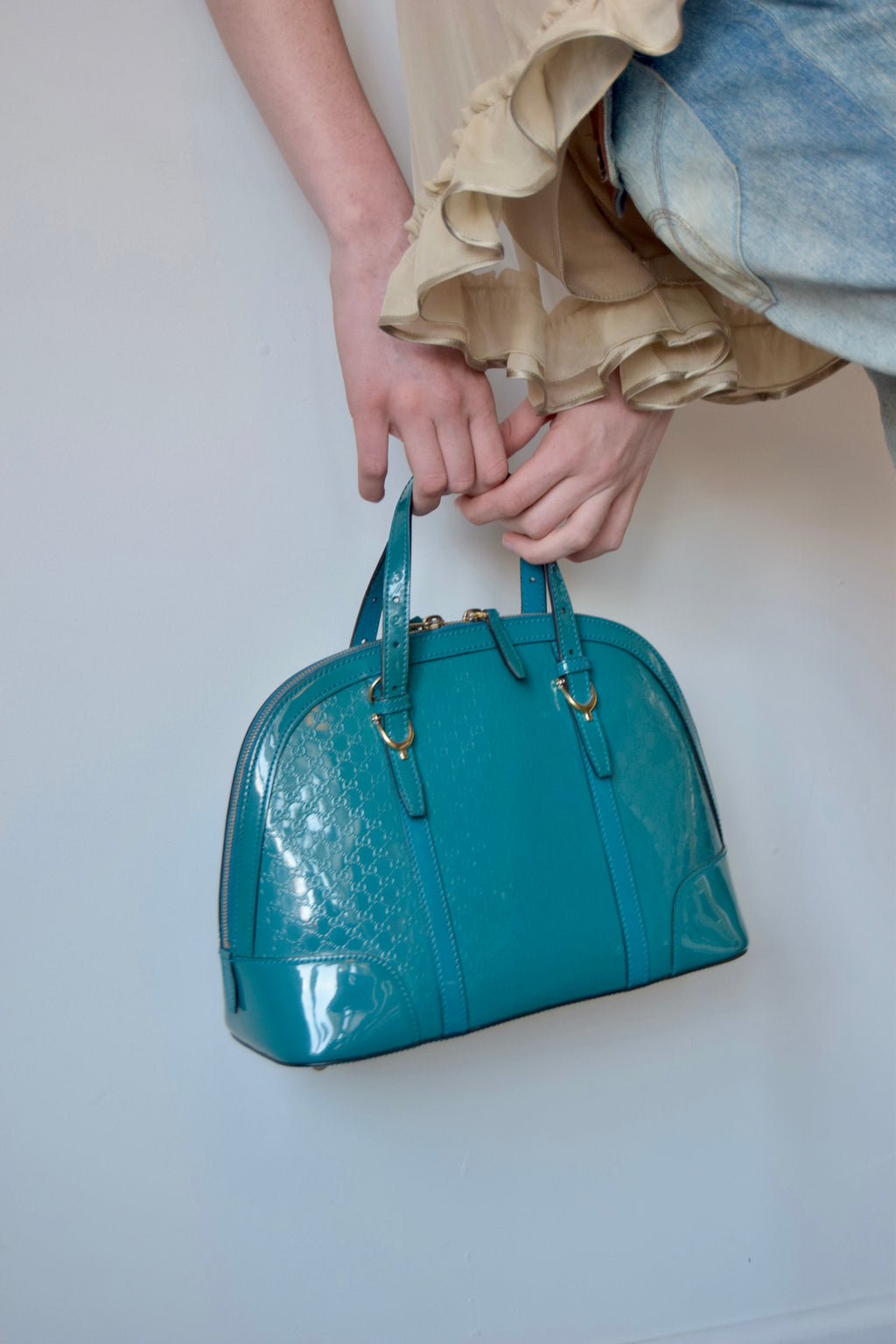 GUCCI TEAL MONOGRAM PATENT LEATHER HANDBAG