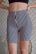 MARIKA BLACK AND WHITE PINSTRIPE BIKER SHORTS
