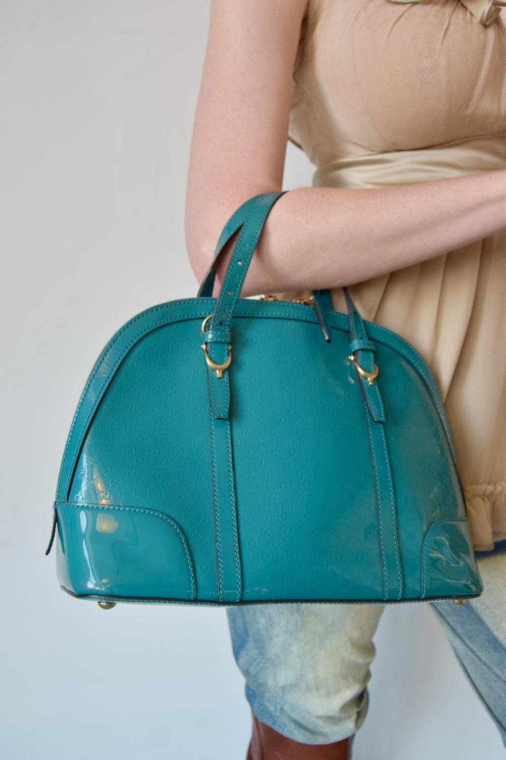 GUCCI TEAL MONOGRAM PATENT LEATHER HANDBAG
