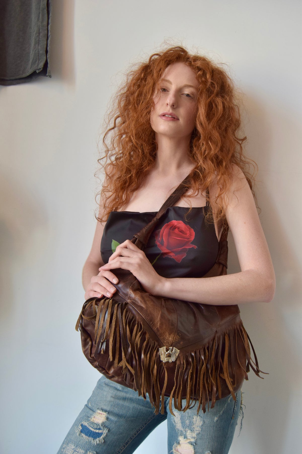 VINTAGE BROWN LEATHER TASSEL TRIM TOTE WITH SILVER EAGLE DETAIL