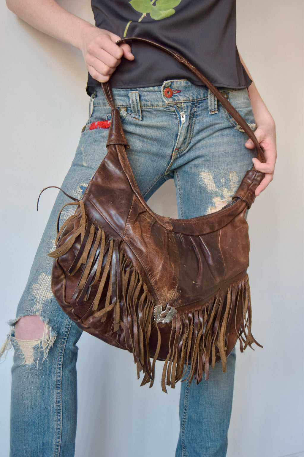 VINTAGE BROWN LEATHER TASSEL TRIM TOTE WITH SILVER EAGLE DETAIL