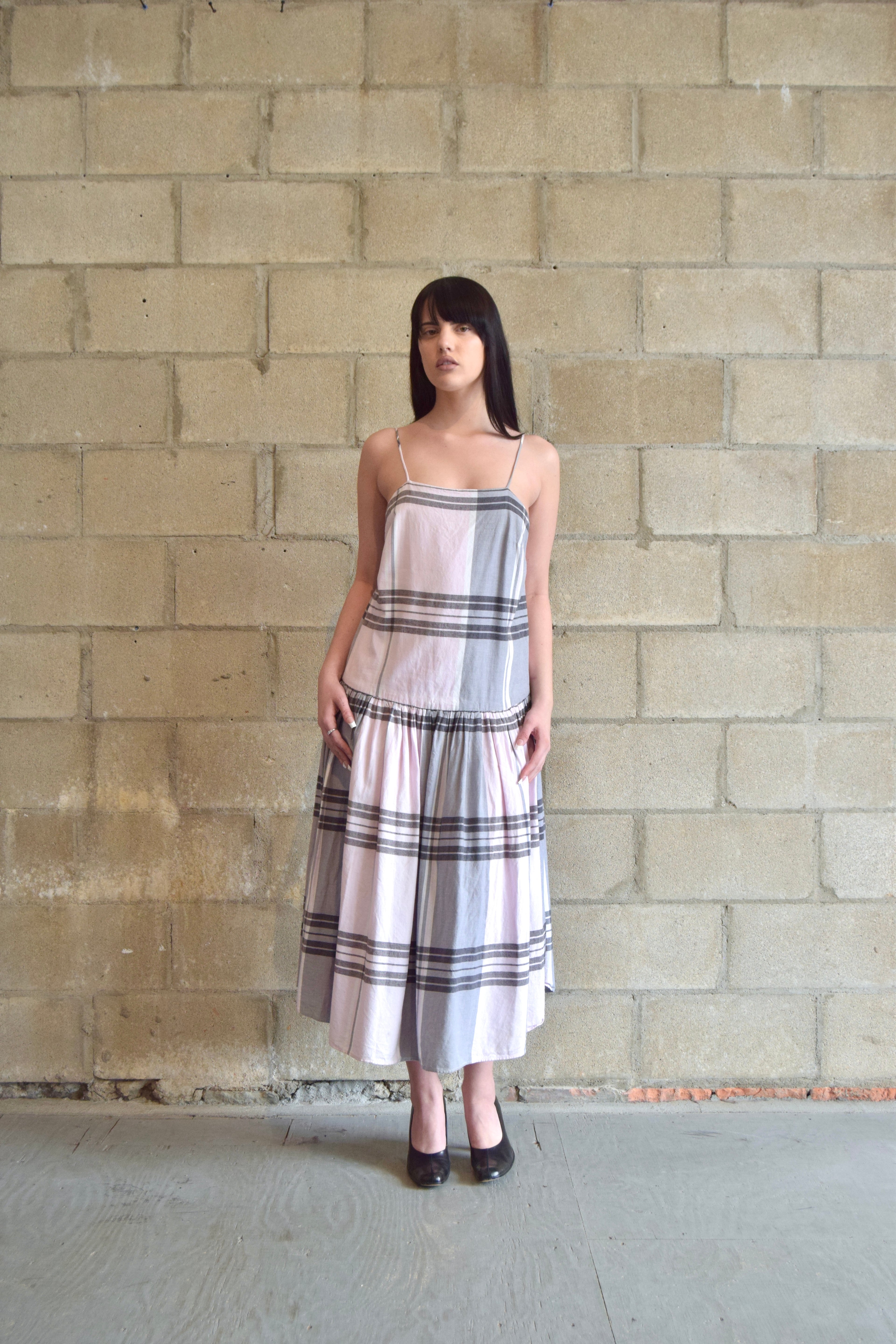MARA HOFFMAN PINK BLACK AND WHITE DROP WAIST CAMI DRESS