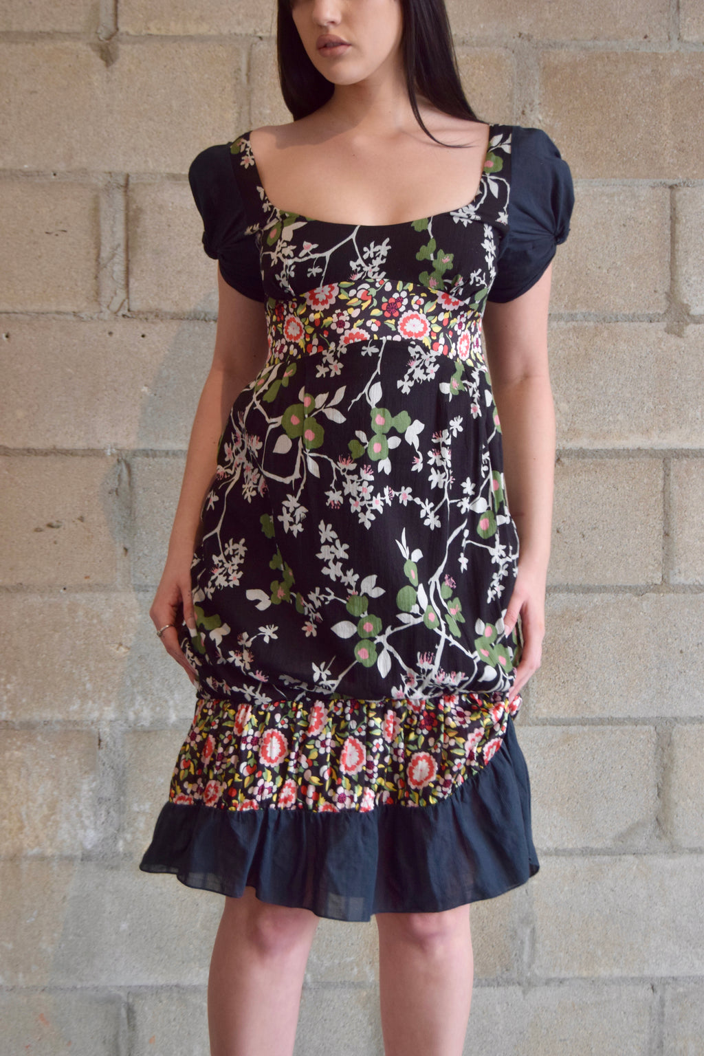 KENZO BLACK FLORAL SCOOP NECK MIDI DRESS