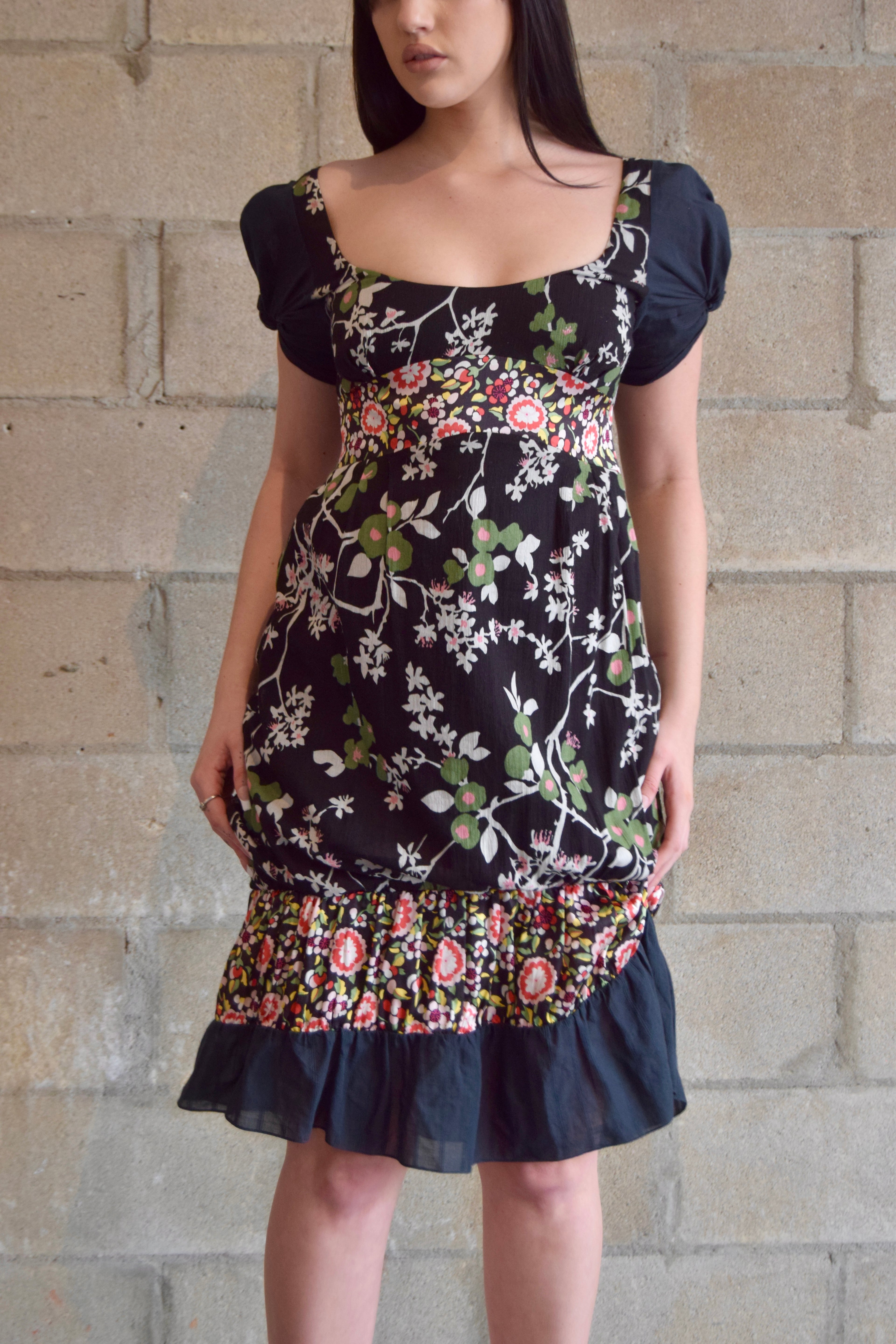KENZO BLACK FLORAL SCOOP NECK MIDI DRESS