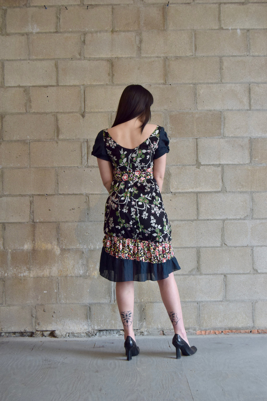KENZO BLACK FLORAL SCOOP NECK MIDI DRESS