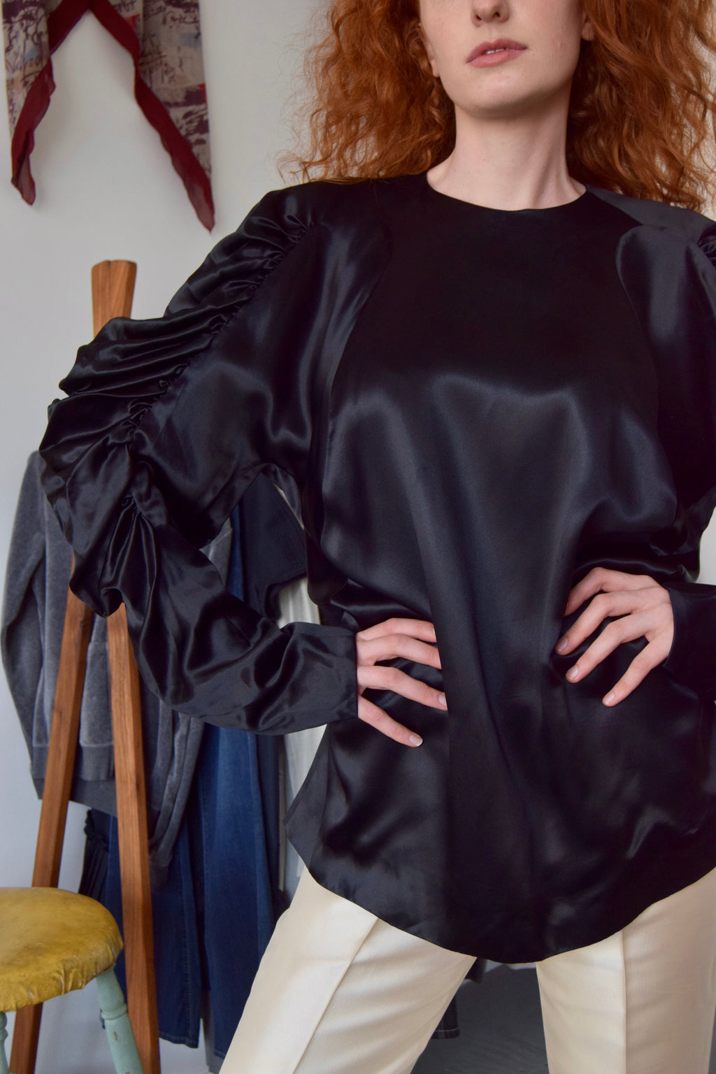 DRIES VAN NOTEN BLACK SATIN POET BLOUSE