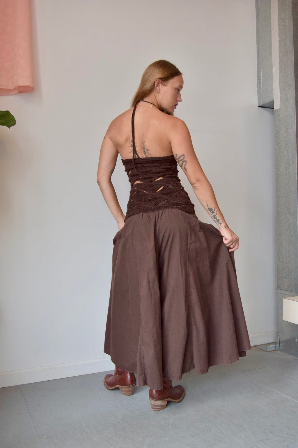 ISA BOULDER BROWN TRIANGLE KNIT HALTER DRESS