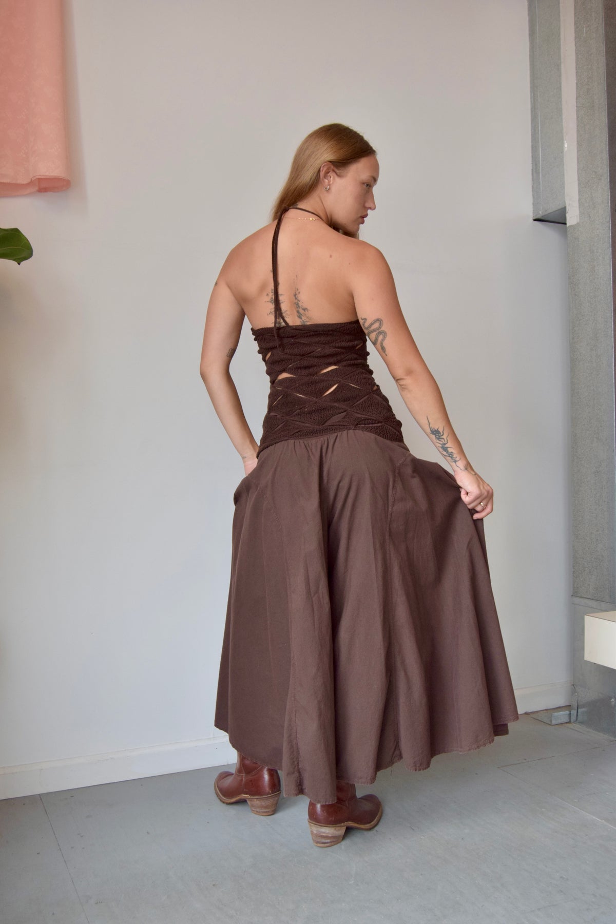 ISA BOULDER BROWN TRIANGLE KNIT HALTER DRESS