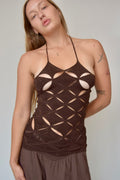 ISA BOULDER BROWN TRIANGLE KNIT HALTER DRESS