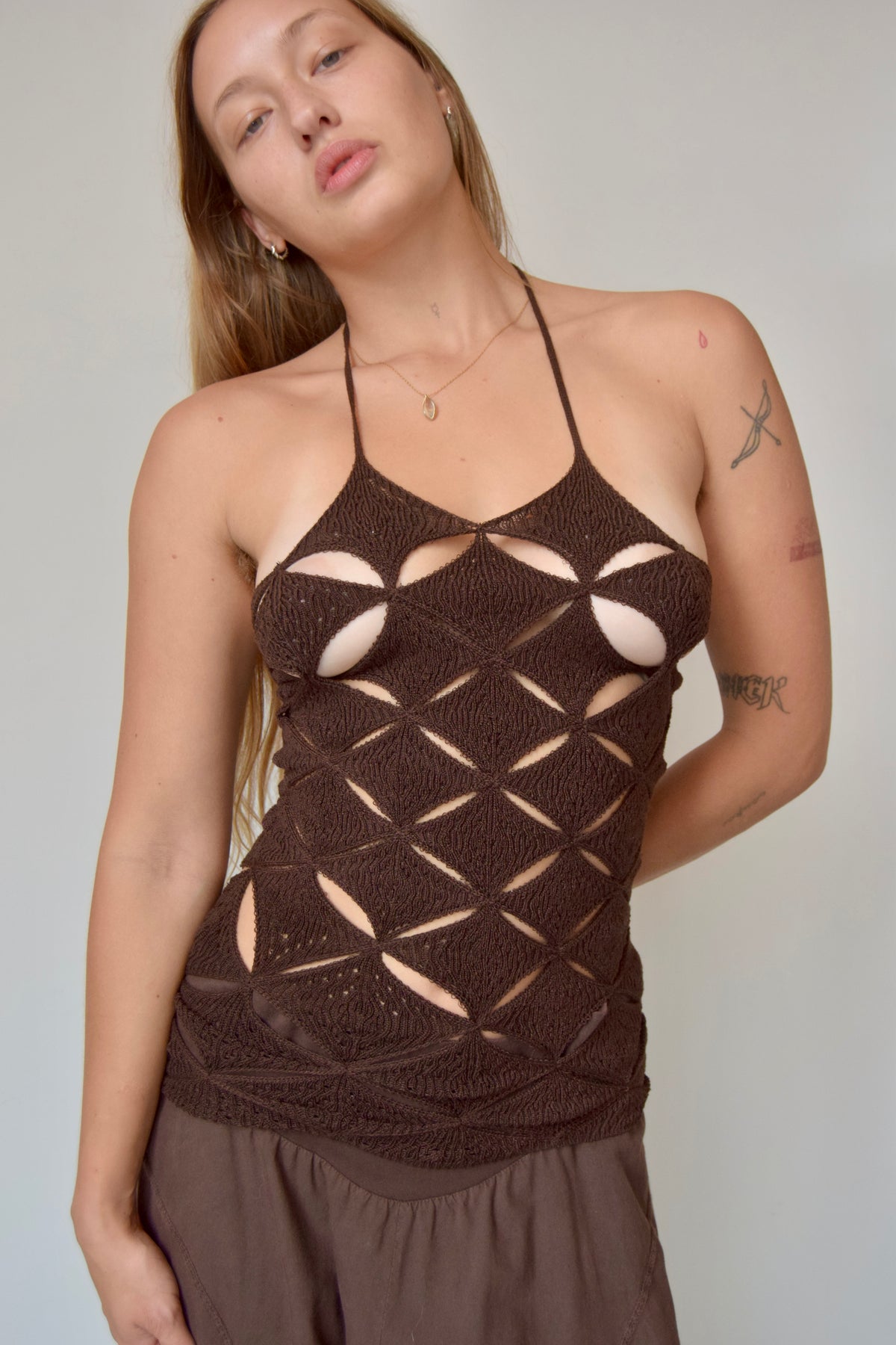 ISA BOULDER BROWN TRIANGLE KNIT HALTER DRESS